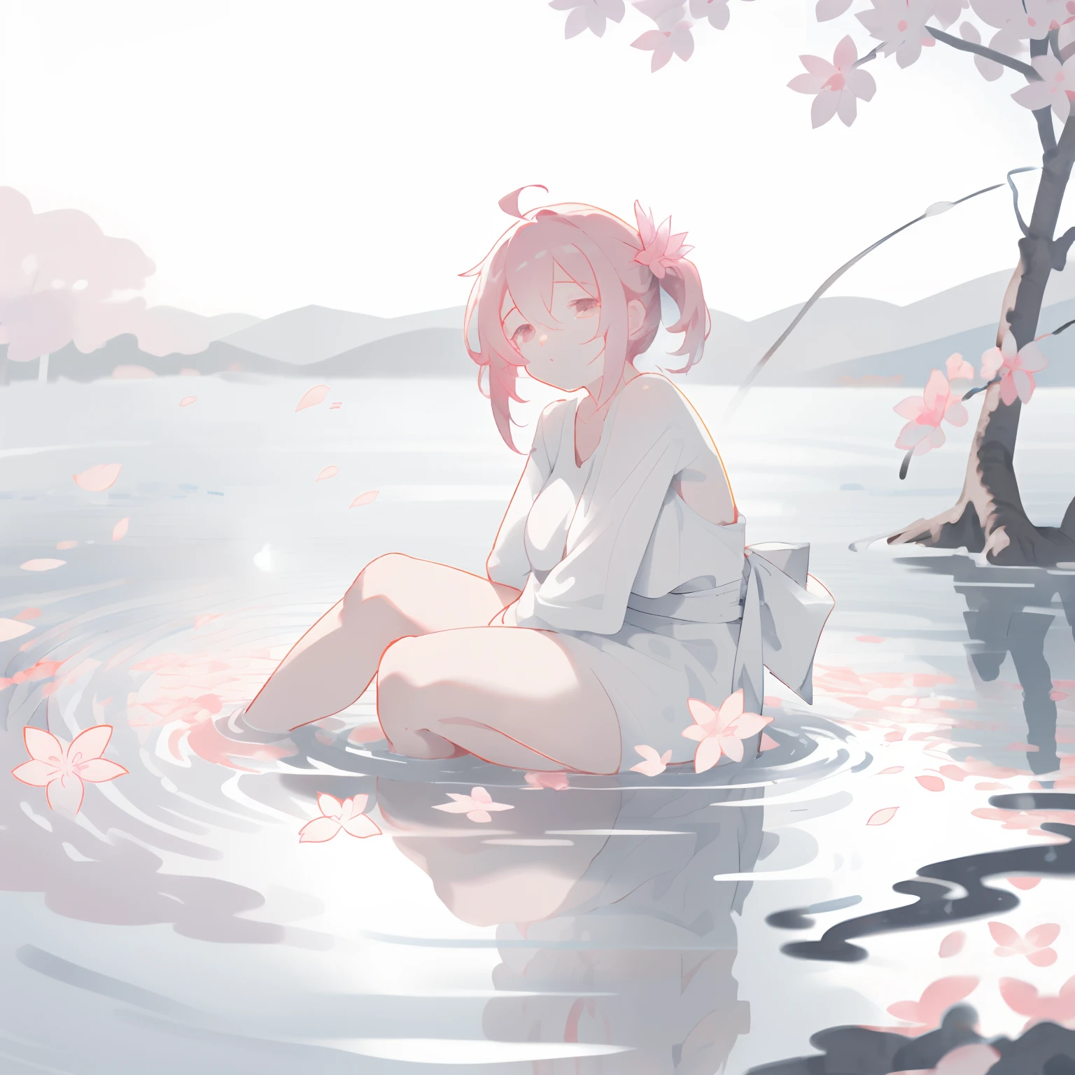 masterpiece, best quality, ultra-detailed, illustration, 1girl, solo,((sitting in the shallow water, surrounded by pink sakura petals floating on the water)), butterfly, wisteria, electricity, blue sky, cloudy sky,(large breasts), ((eye focus)), expressionless, critical angle, bokeh, depth of field, ((eye focus)), light glowing particles, arms behind back,
