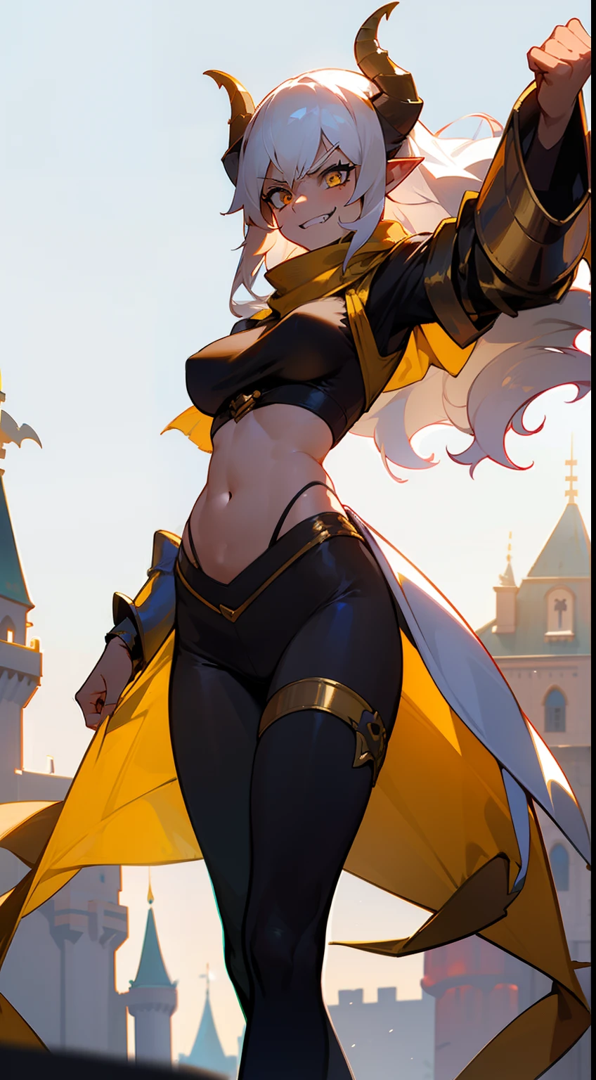 girl,brown skin, hidden arms,long hair, white hair,curly hair,yellow eyes,(((villain,psycho,villain smile, psychopath, angry))), medium boobs, mid waist,show belly, white top,gold armor outfit, long black stockings, detailed clothes, masterpiece, hyper realistic, high definition,black horns,black pantyhose,elves ears,yellow scarf with long tail,(((standing inside of a castle)))