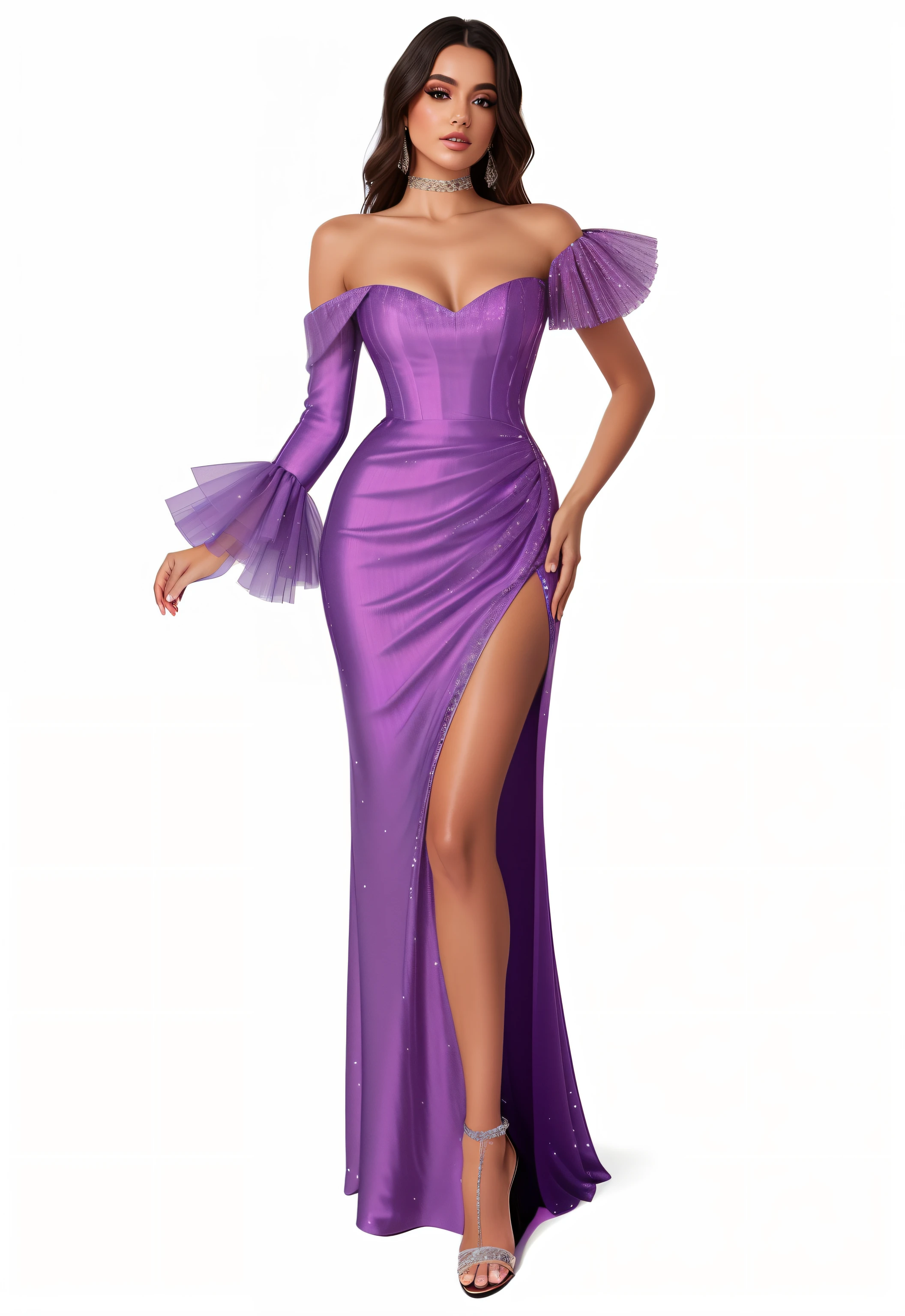 A woman in a purple dress standing white background , inspirado em Enrico Baj, vestido em um vestido roxo, rendering of beauty pageant, Pose elegante de glamour, inspirado em Giovanni Francesco Barbieri vestido roxo brilhoso com strass com diamantes vestido roxo e mulher realista 3D vestido perfeito roxo brilhoso modelo muito brilho no vestido