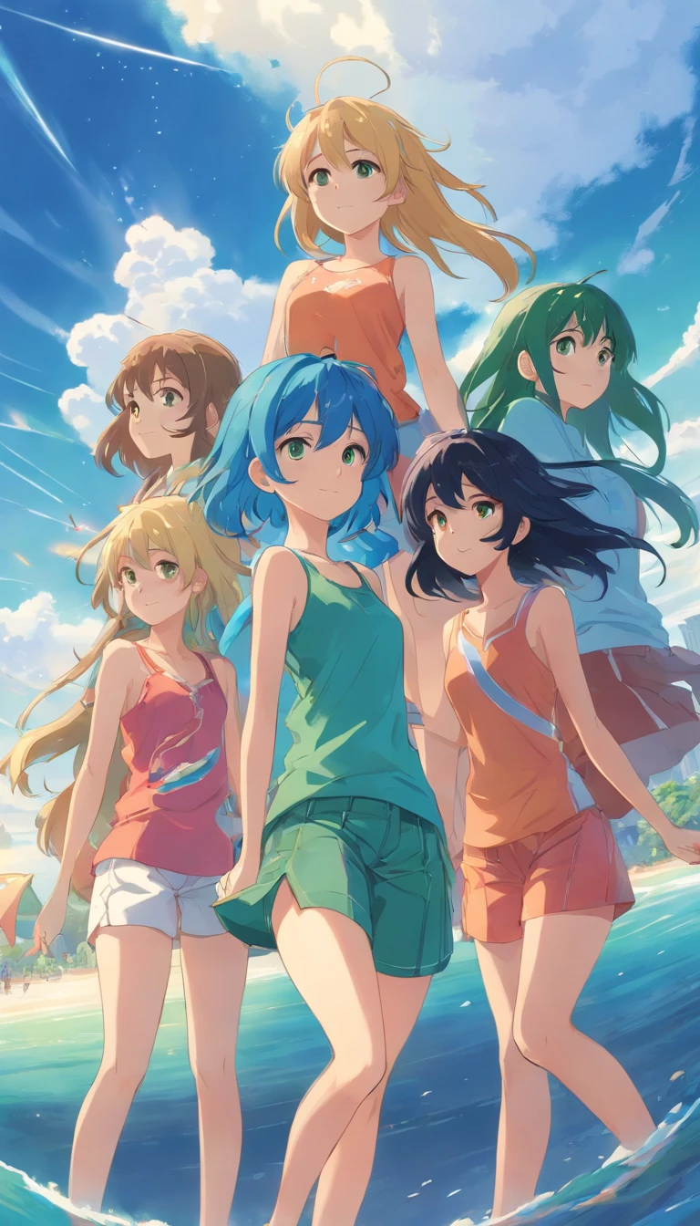 5 girls cute face,  1 mGirl Blue Hair 1Girl Blonde , 1Girl Green Hair 1 Girl Long Black Hair Gorgeous With, bekinis Strand Hut Meer, Sommer, wolken, masterpiece, ccurate, anatomically correct, high details, high quality, highres, best quality, award winning, textured skin, UHD