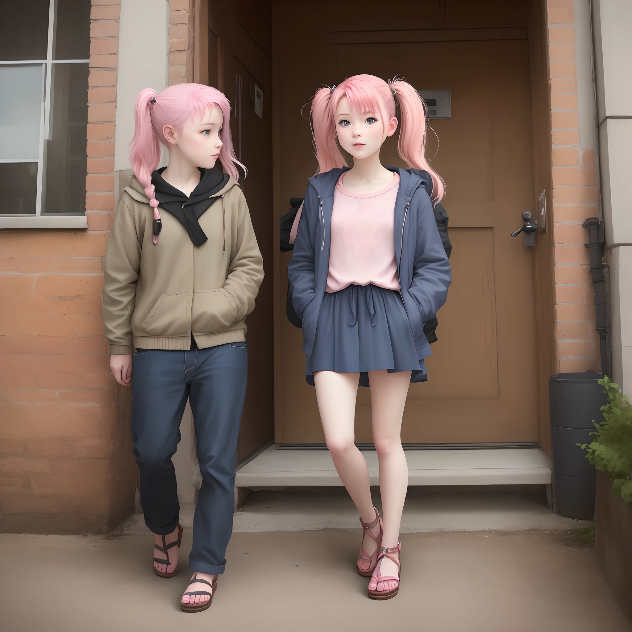 A wearing pink uniform, long pink hair, pink shoe and blue bag with her boyfriend putting on pink uniform also with long pink hair and white shoe and blue bag going to school and gisting