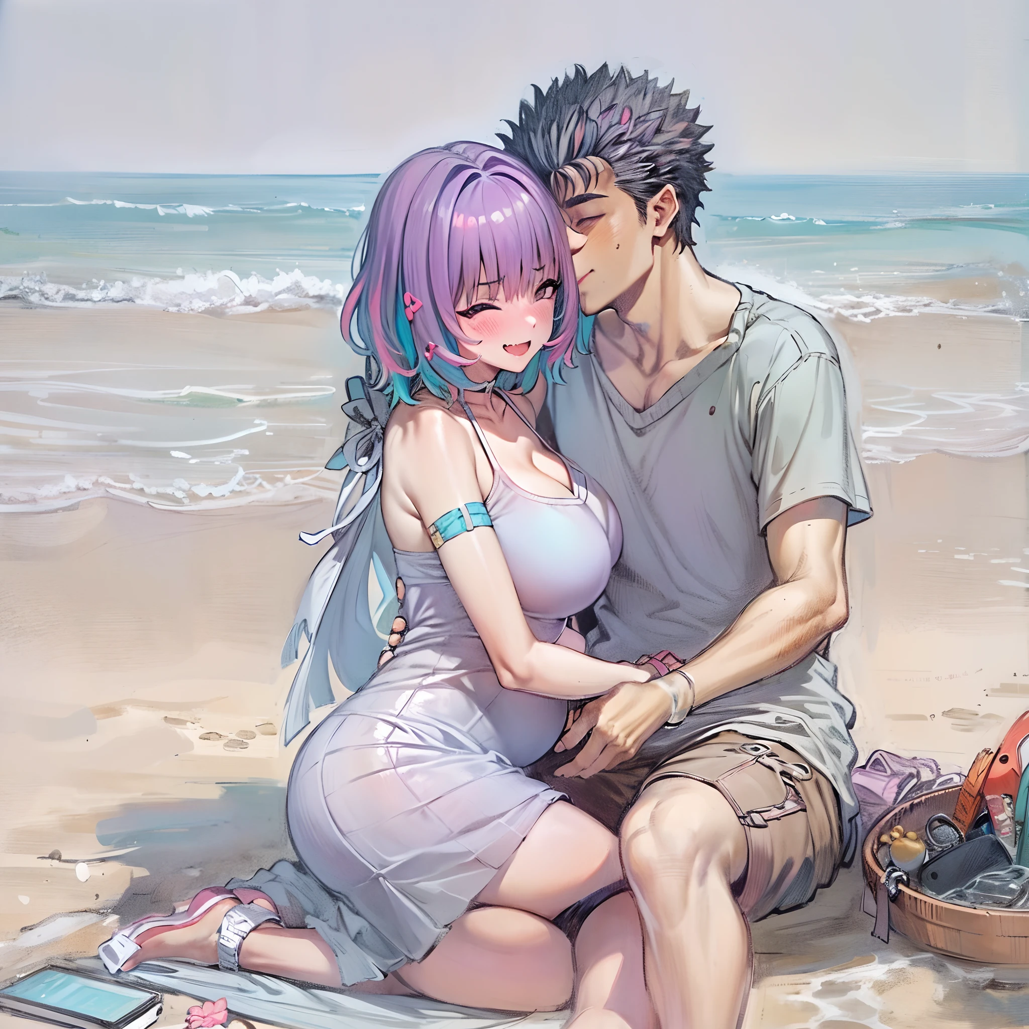 masterpiece, best quality, 1girl, riamu, blue shirt, pleated skirt, solo, simple background, bikini, beach, riamu and guts, husband and wife, couple happy in a beach, , purple hair,1boy, sitting in couple, affection, love,relationship, lovey dovey, happy, , smile, 2character, guts pants, kiss, kissing, guts pullover, riamu bikini, pregnant riamu