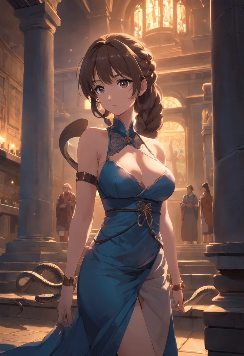 (Ancient Europe:1.2),(Best quality,A high resolution,Masterpiece:1.2),(cinematic Film still from),(Dark atmosphere:1.3),Front view,(1 beautiful woman),(1 23-year-old woman with half long hair),(up-close,Only the upper body is shown:1.0),(Bigboobs:1.3),(Wear a loose corset,Lace trimming),(depth of fields),(Indoor at night),(A large smooth snake coiled around it:1.3),Large snakes have the scales of a python