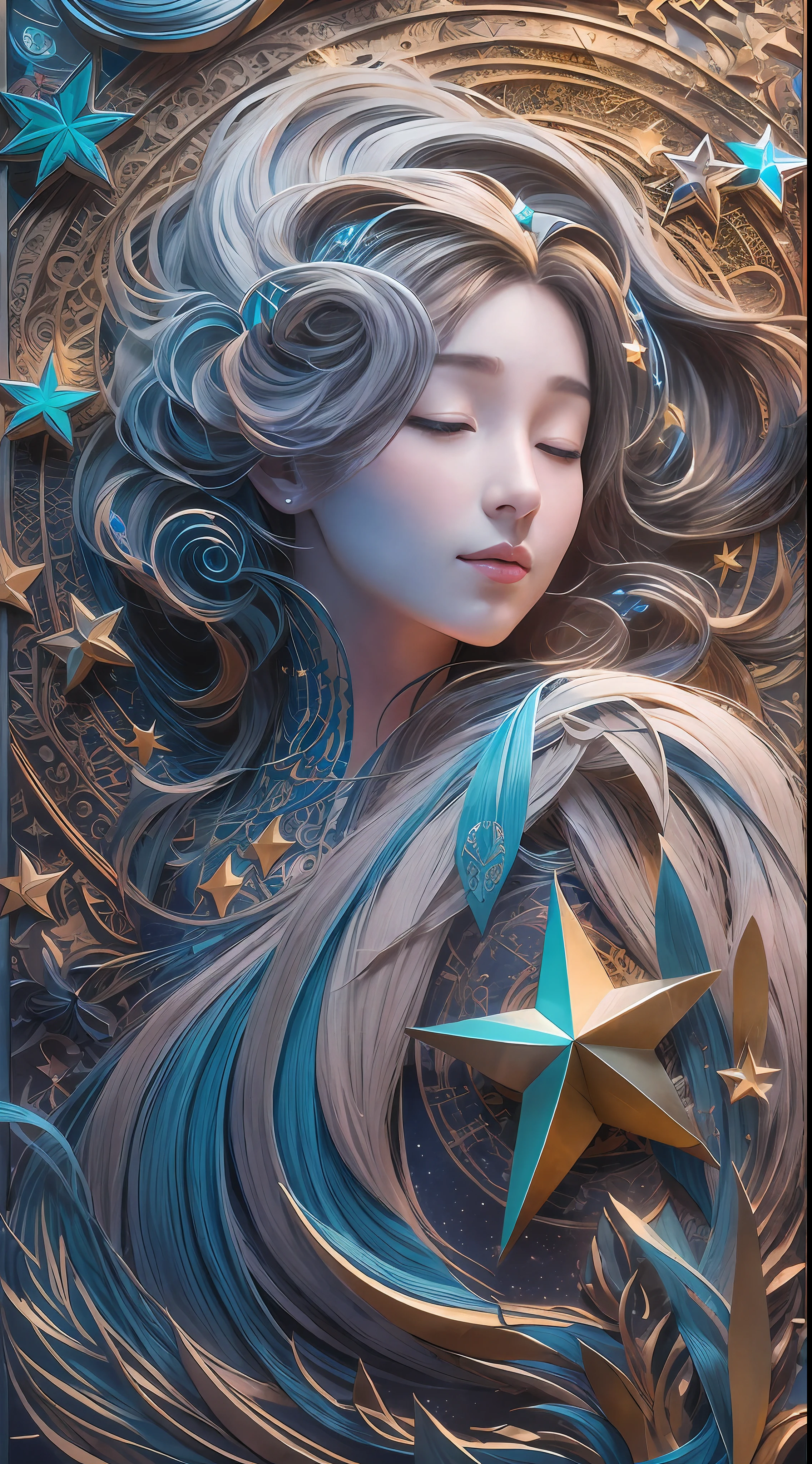 illustration: 1.3), paper art, 3D rendering of, Colorful background, (Beautiful side face, closing her eyes: 1.3), (Masterpiece star: 1.2) (Masterpiece Moon: 1.2), Colorful, Best quality, Detailed details, Masterpiece, offcial art, movie light effect, 4K, Chiaroscuro , Flash