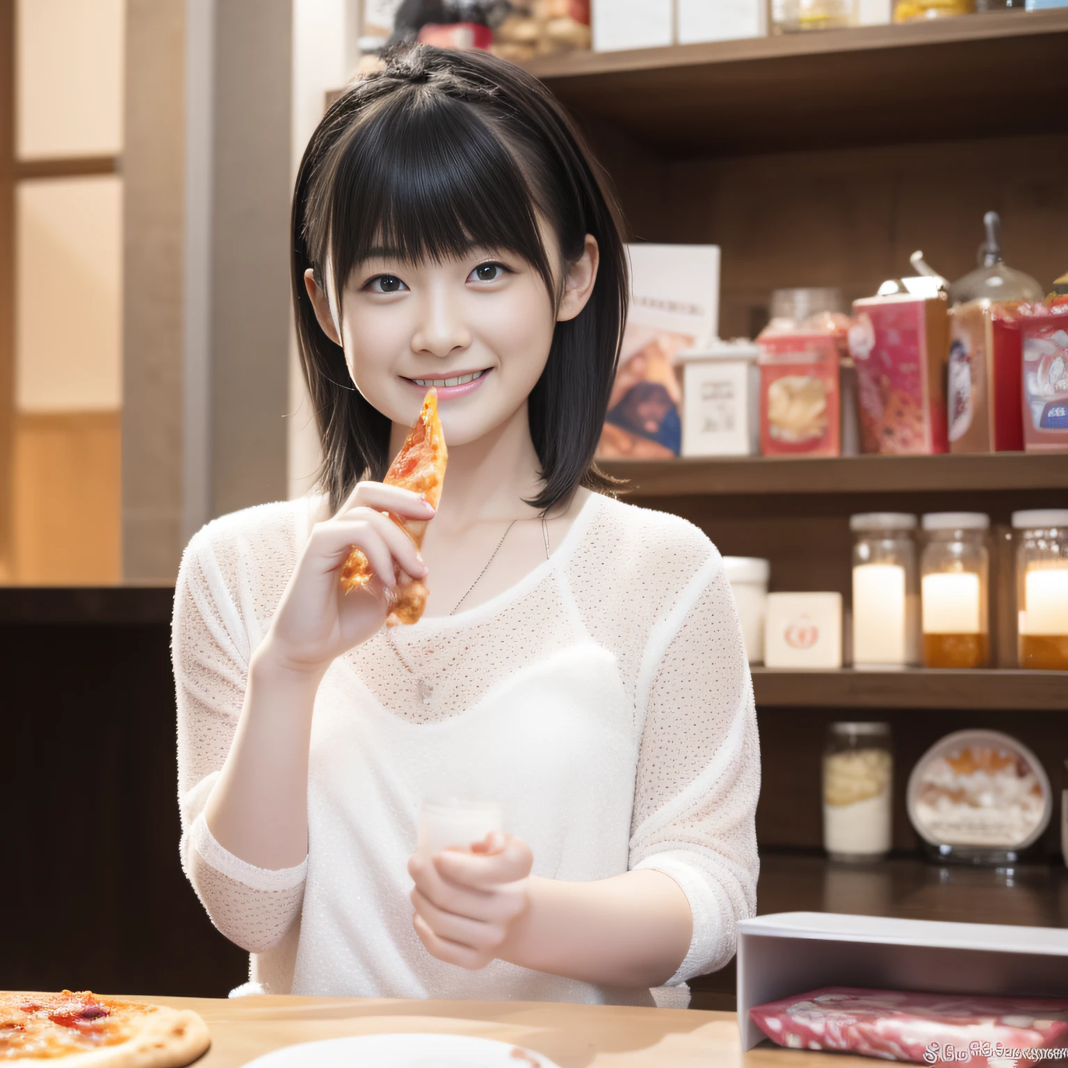 Girl eating pizza deliciously,eating pizza,Solo,a japanese girl,kawaii,Very beautiful girl,Crisp eyes,二重まぶた,Idol girl,Teenage,Transparent,Looks happy,A smile,Proudly,Not looking at the camera,Momochi,Best Quality,Hyper-detailing,Live action,Realistic,Detailed face,Detailed hand,Detailed fingers,Indoor lighting,Inside the  shop