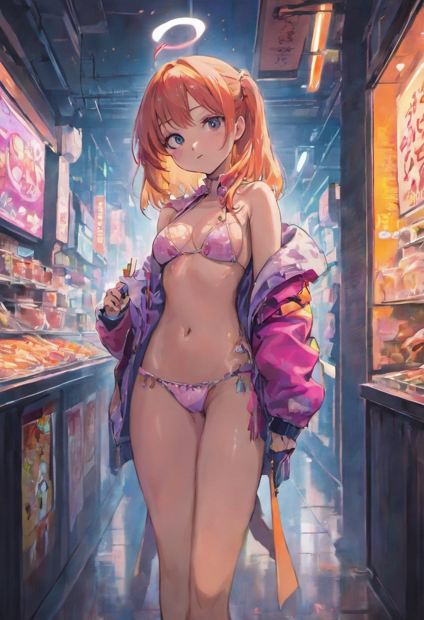 (best quality, masterpiece), 1girl, holo jacket, cyberpunk, neon, fog, (cartoon: 1.5), sexy, thong, big chest, tight, small, neon signs, ramen shop, fishnet very low, transparent, very long hair, from the back, ass, bubble butt, red skin, cute, devil