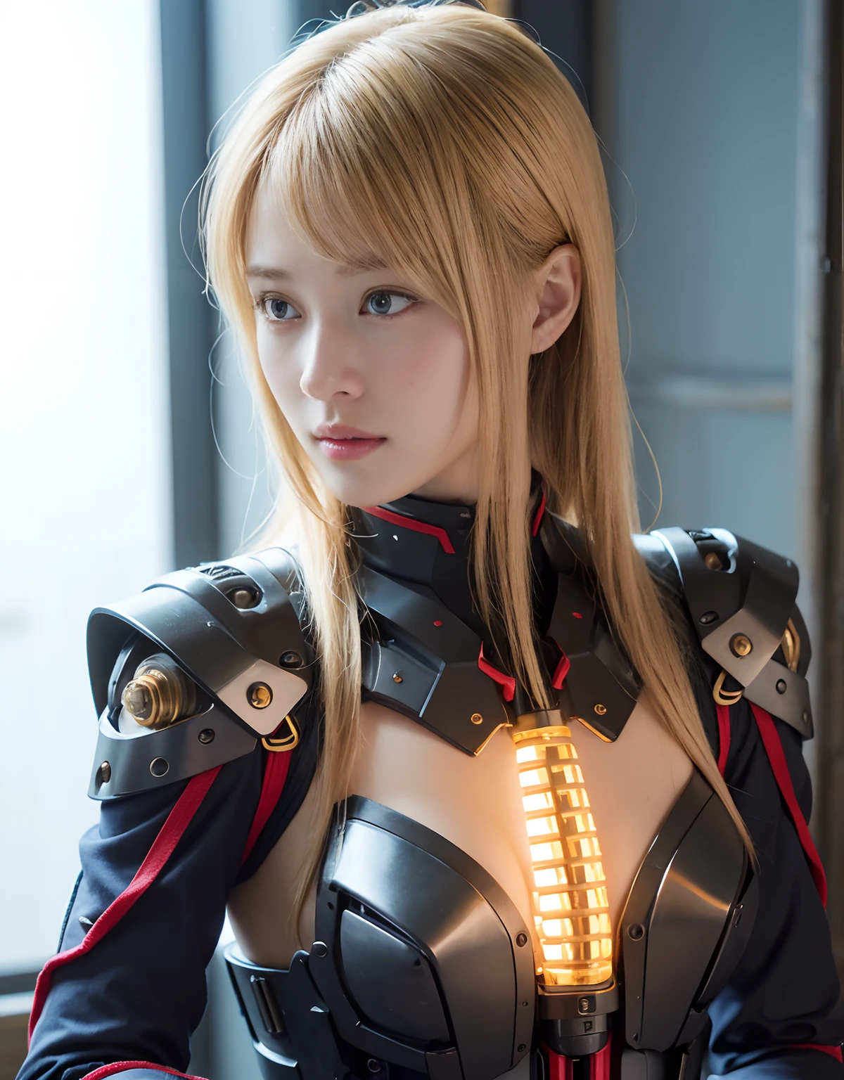 (1 Mechanical Girl)、top-quality、masterpiece、超A high resolution、Sun visor、(Photorealsitic:1.4)、Raw photo、女の子1人、Golden hair、glowy skin、(((1 Mechanical Girl)))、(LED Lamp Mechanical Helmet)、(Small LED)、((super realistic details))、portlate、globalillumination、Shadow、octan render、8K、ultrasharp、Colossal tits、Raw skin is exposed in cleavage、metals、Details of complex ornaments、Japan details、highly intricate detail、Realistic light、CGSoation Trends、Red Eyes、radiant eyes、Facing the camera、neon details、(Mechanical limbs)、(blood vessels connected to tubes)、Mechanical vertebrae attached to the back、mechanical cervical attaching to neck、(Wires and cables connecting to the head)、Gundam、Small LED、,Mechanical thighs、Toostock、