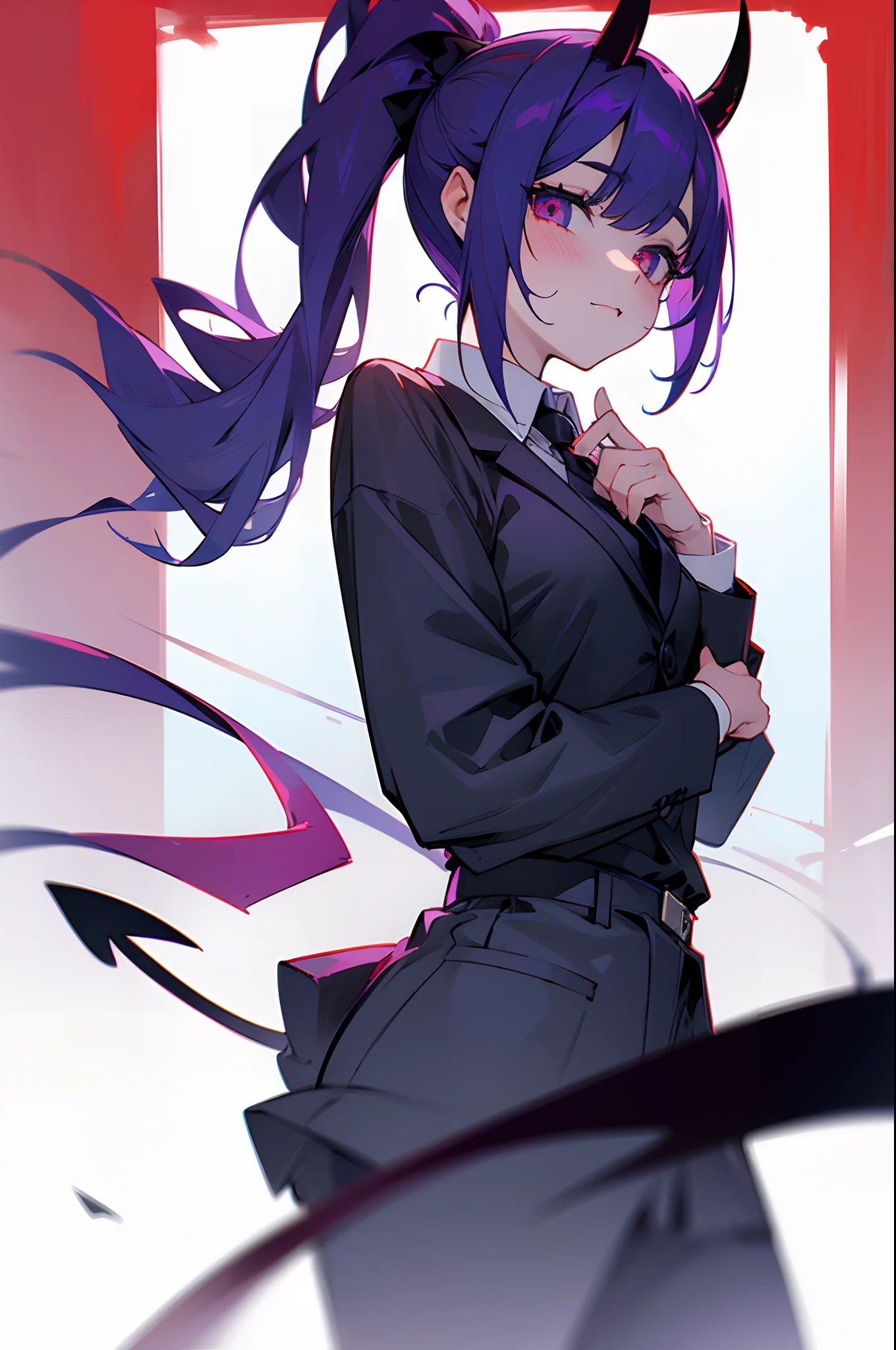 1girl, collared_shirt, demon_girl, demon_horns, demon_tail, formal, horns, looking_at_viewer, necktie, ponytail, shirt, solo, tail