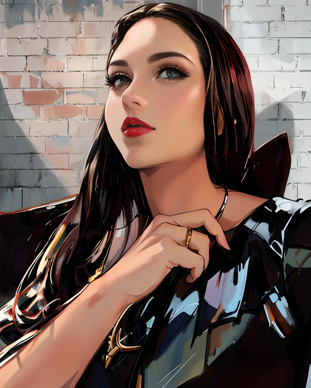 There is a woman with a ring on her finger and a brick wall, Realismo Artstyle, Estilo na pintura digital, Estilo de arte realista, hyperrealism artstyle, Estilo de arte fotorrealista, em estilo de pintura digital, Estilo de arte fotorrealista, Pintura digital realista, Arte Digital 4K Realista, Arte Digital 4K Realista, retrato de alta qualidade, Arte digital realista, Corpo bonito, attractive female, peituda, qualidade ultra hd 19k detalhes da pele e seus poros ultra realista , rosto bem detalhado detalhes dos olhos vividos , fleshy, red lips , ultra detalhado , seios grandes e redondos , Sharp waist curve guitar style