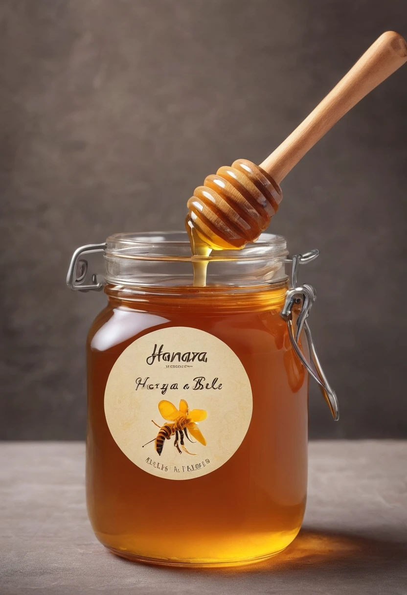 Make a photo of honey in a jar for my website where I want to sell honey. The honey in the jars should be in liquid form and there should be only honey in the jar. Write "HANZARA BAL" on the jar.