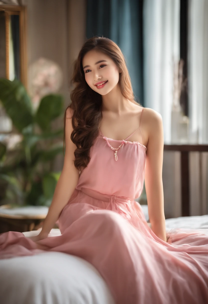 (highres:1.2) , 15 years old girl with long flowing hair, on hotel room accessories,crisp and vibrant colors,seemingly candid and natural pose,immersive and visually captivating setting,serene and dreamy ambiance,Landscape,portrait. glossy pink lips, Chinese teen an smiling eyes, small rounded eyes alluring huge happy smile, complete anatomy, full body