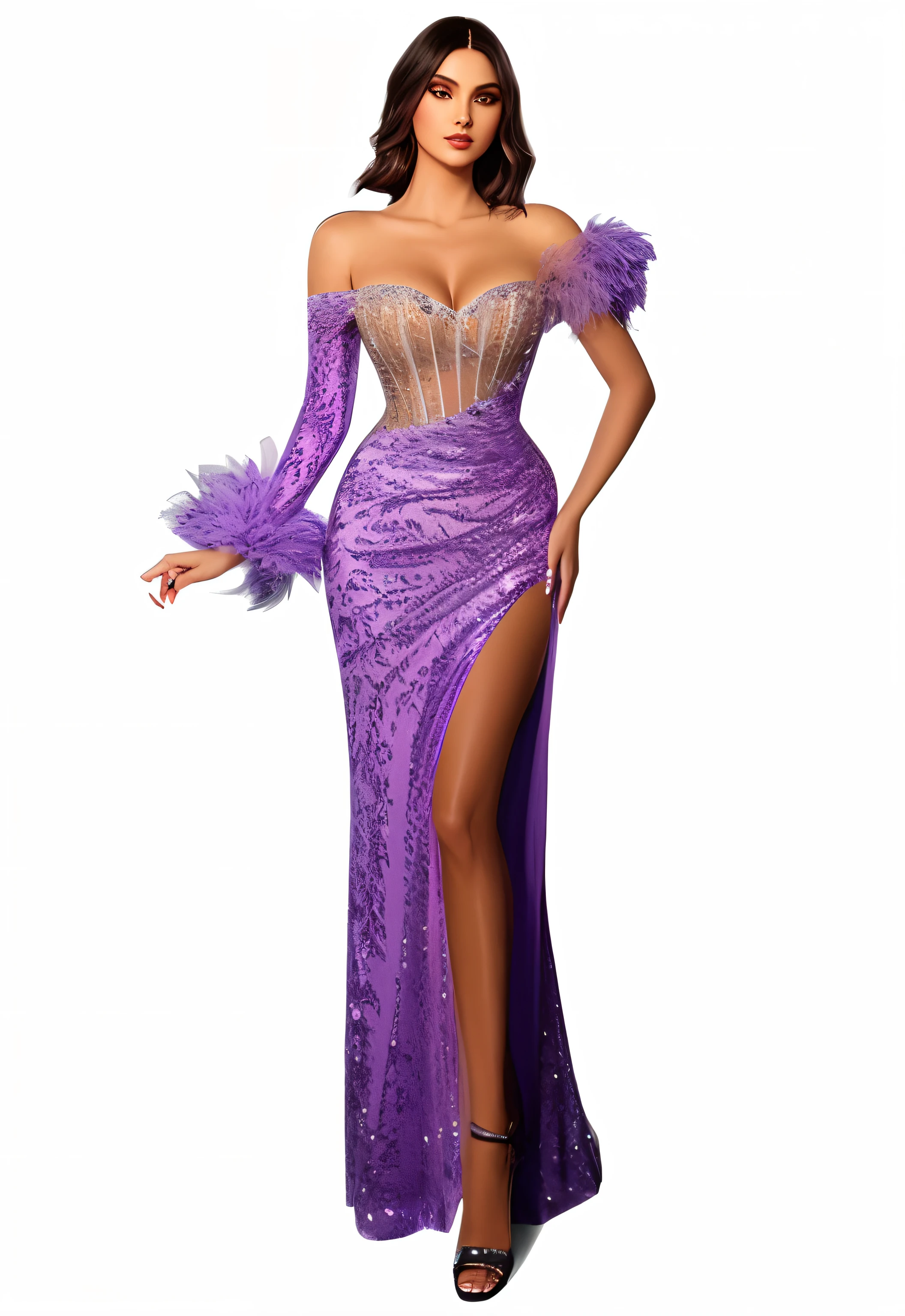 uma mulher em um vestido roxo com penas em seus ombros, fantasia vestido longo intrincado, vestido em um vestido roxo, vestido extravagante, vestido feito de penas, vestido sexy, vestido vestido bonito vestido, Penas roxas, vestido longo e luxuoso intrincado, corpo inteiro em tiro, vestido de fantasia, Alta costura fashion, vestido, vestido real, vestido roxo, por Elena Teacher REALISTA ILUSTRACAO DESIGN MODA FASHION 3D