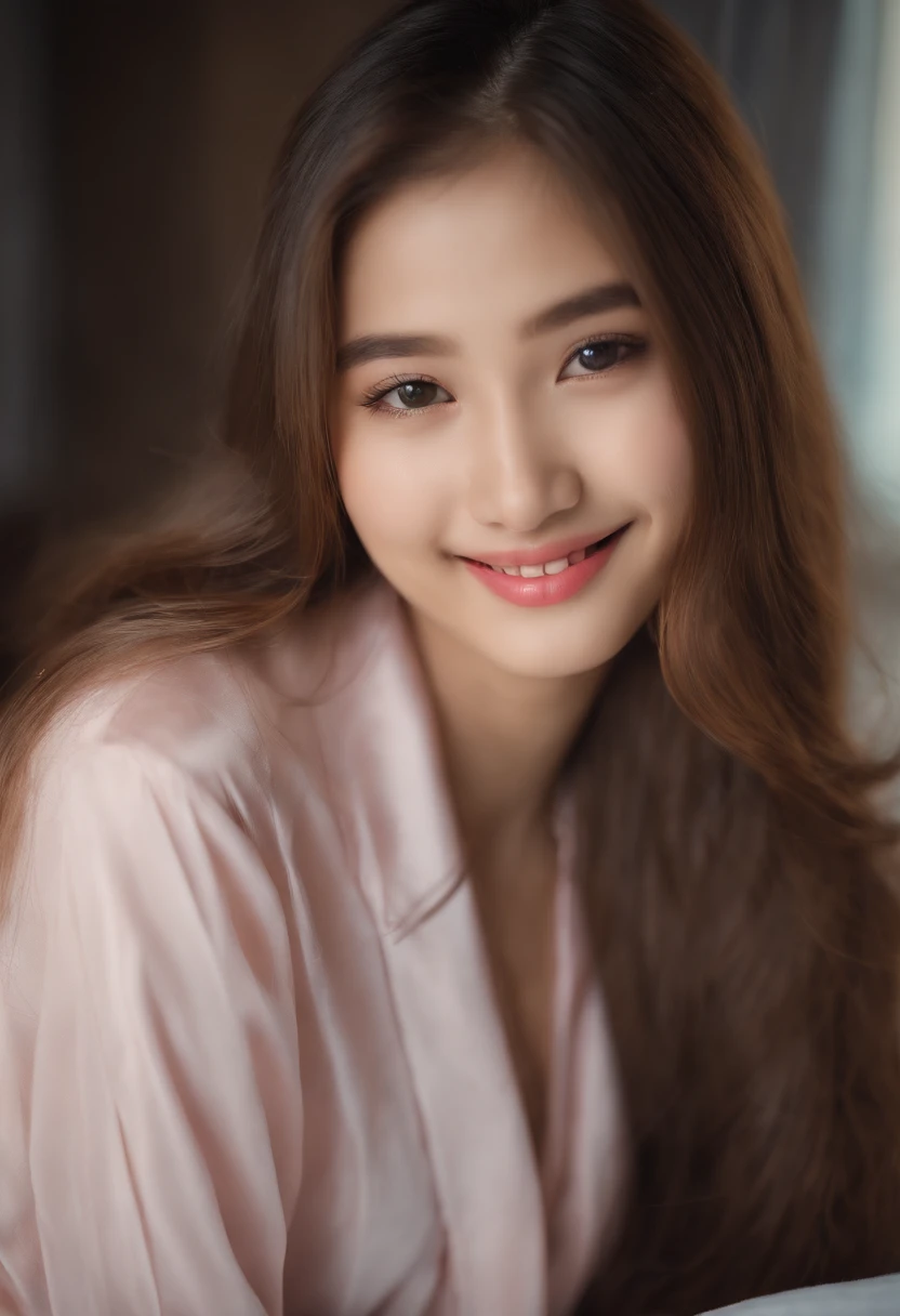 (highres:1.2) ,  girl with long flowing hair, on hotel room accessories,crisp and vibrant colors,seemingly candid and natural pose,immersive and visually captivating setting,serene and dreamy ambiance,Landscape,portrait. glossy pink lips, Chinese teen an smileyes, small rounded eyes alluring huge happy smile, complete anatomy, full body