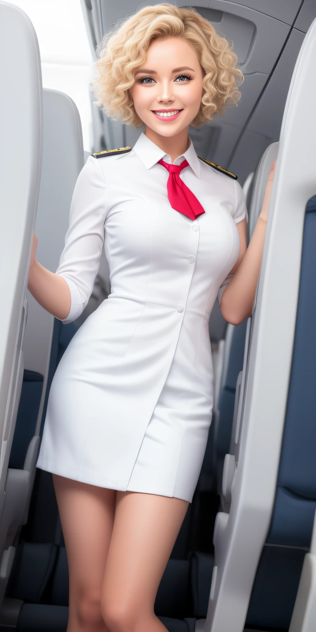 (white flight attendant uniform),looking at viewer, smiling ,happy, curly blond short hair, standing, inside the airplane, miniskirt,
