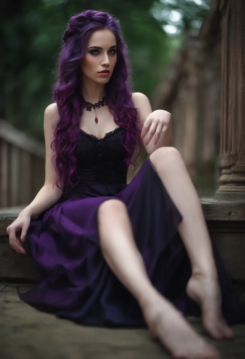 lonely girl, long braided hair, curly purple hair, light purple hair, beautiful bright red eyes, black dress, sitting on the floor, at home, provocative face,