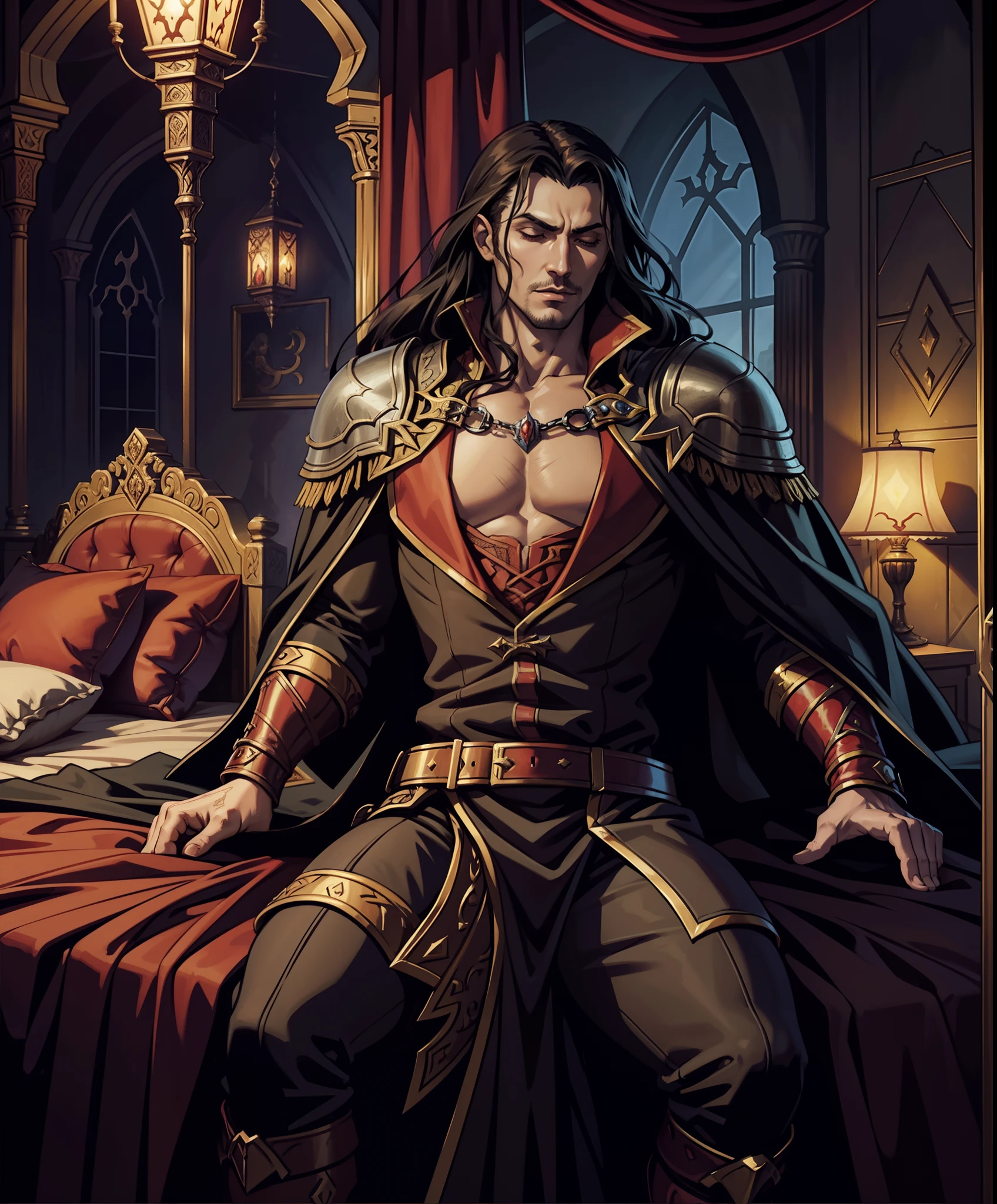 Castlevania Lord of the shadows hyper realistic super detailed Dynamic shot master piece of lord Dracula sleeping in great Legendary Moroccan bedroom