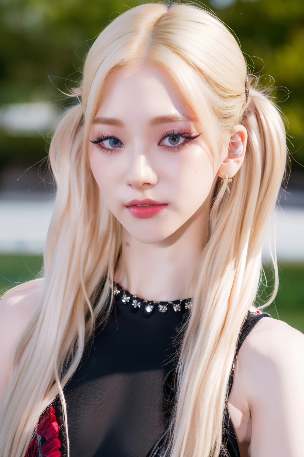 (8k, 4k, best quality, highres, ultra high res:1.1), (masterpiece, realistic, photo-realistic:1.1), 1girl,  face, close-up, twintails, blonde hair, black eyes, red lips,  (looking at viewer:2), absurdly long hair, long eyelashes, eyeshadow,  small face, big eyes,
bare shoulders,
high contrast,