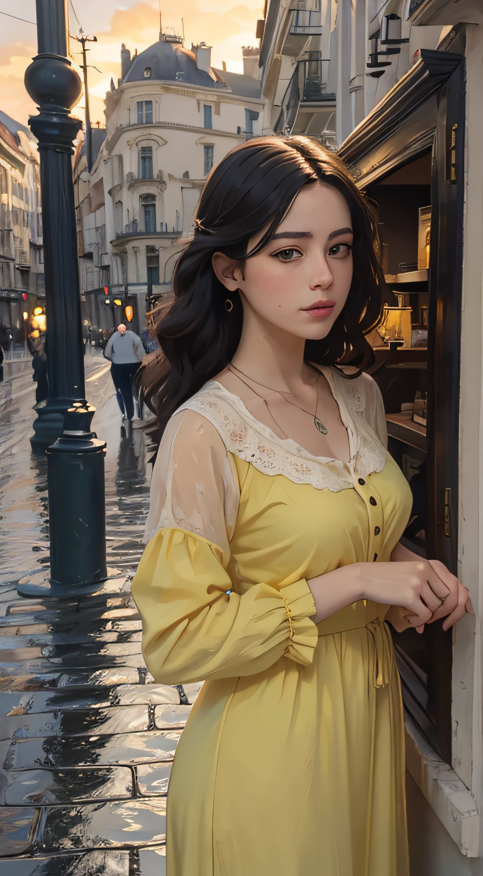 Oil painting of sunset in a European city from the 1940s, with beautiful neoclassical and French buildings, pocas personas, La tarde es lluviosa y se pueden ver los reflejos de personas y rostros en el pavimento, Elegant atmosphere, Muchos detalles, Render Lumion 8K, Renderizar la arquitectura del motor irreal, Muchos detalles, Cinematic yellow lighting in warm tones, Image in the style of an impressionist oil painting, Mucho, Manet Cézanne.