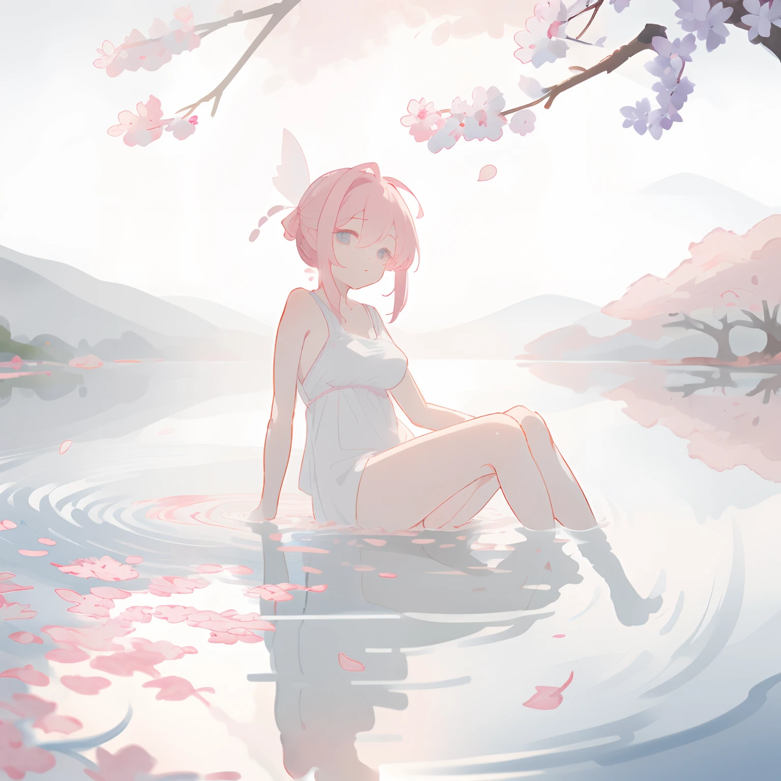 a young girl  ,, short wavy hair, platinum pink hair, iridescent eyes, very thin body , very small breasts, Wide hips, small waist , shining lips , (naked), , very small young woman and thin , on a peach branch, wreath made of cherry branches , surrounded by peach blossoms , flirtatious smile, eating a peach with semen
