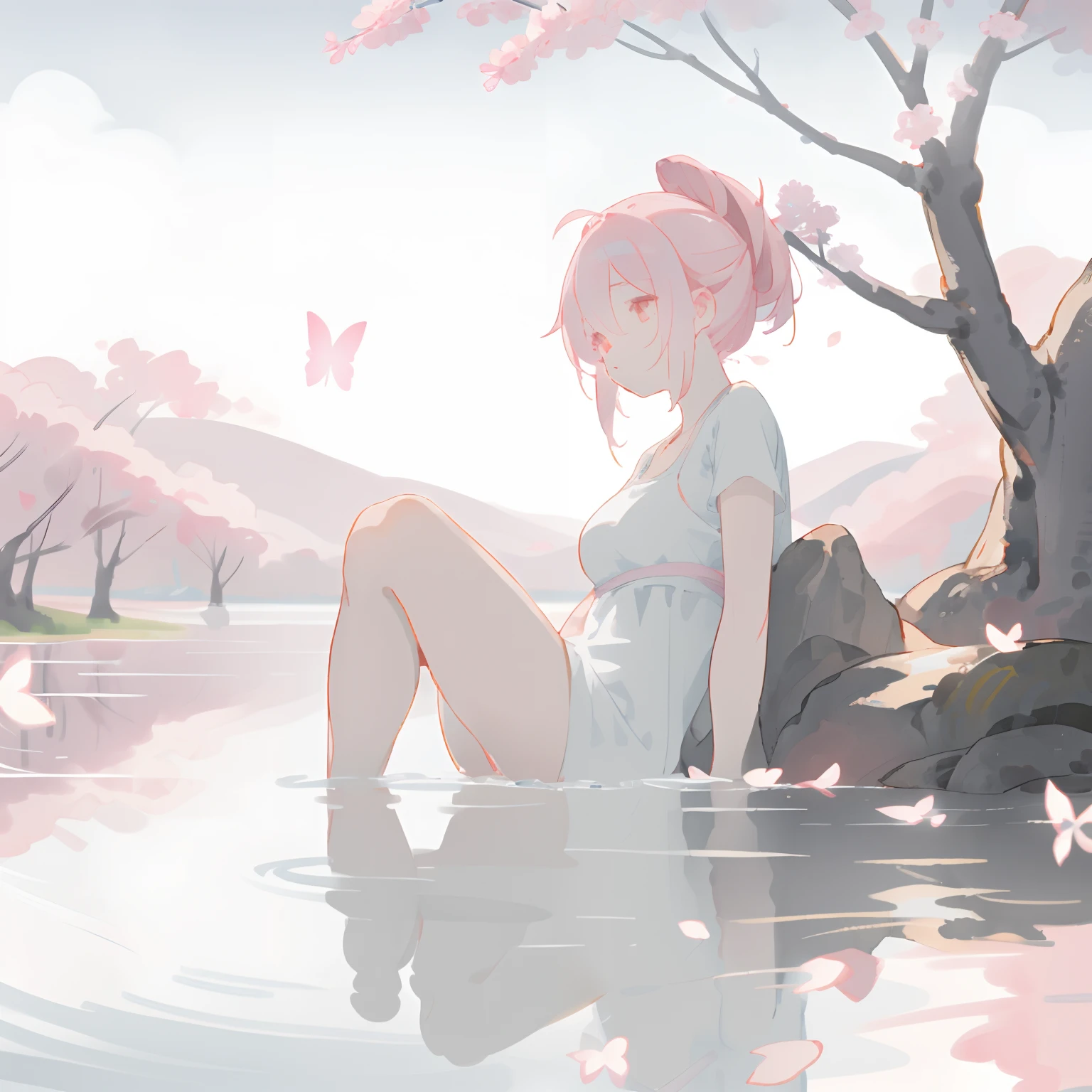 masterpiece, best quality, ultra-detailed, illustration, 1girl, solo,((sitting in the shallow water, surrounded by pink sakura petals floating on the water)), butterfly, wisteria, electricity, blue sky, cloudy sky,(large breasts), ((eye focus)), expressionless, critical angle, bokeh, depth of field, ((eye focus)), light glowing particles, arms behind back,