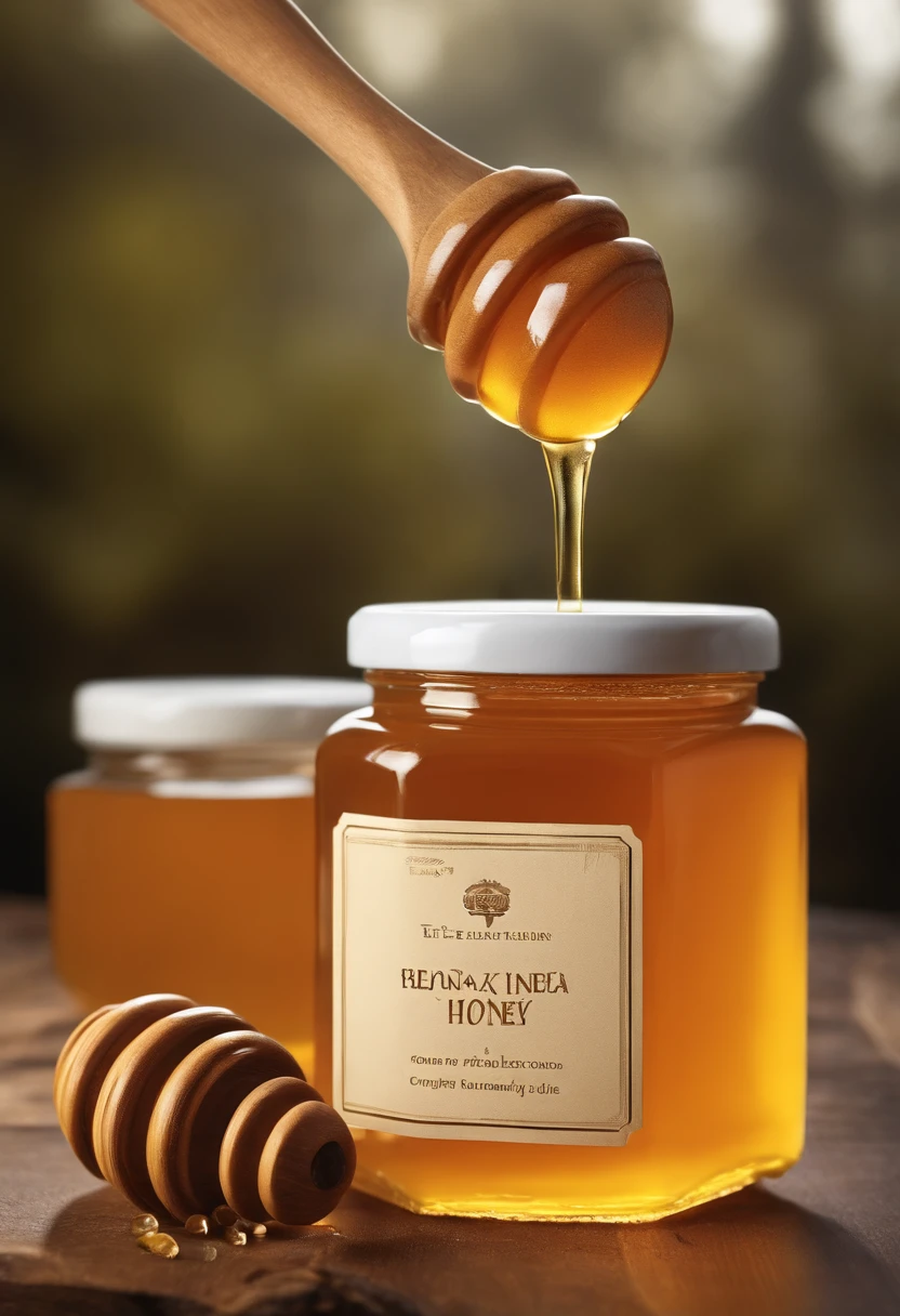 a close up of a jar of honey with a wooden spoon, honey, jar of honey, honey and bee hive, made of honey, honey dripping, wearing honey, engraved, label design, dripping honey, product label, favela honeybee hive, high detail product photo, label, honest, vanara, very detailed labeling, on a dark background, manuka