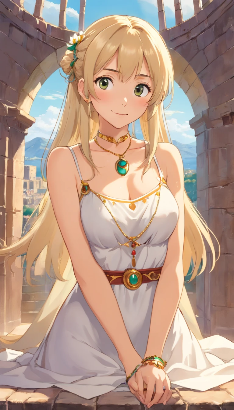 (best quality, 8K, Meisterwerk: 1.3), blonde greek goddesses, Griechische Kleidung, Mittelalter, mid large breasts, big hips, schmale Taille, beautiful, glamorous, verlockend, wohlgeformt, kurvig, lange Beine, Hohe Detailgenauigkeit, high sharpness, Fotos mit Tiefgang, detailliertes Gesicht, Detaillierte Augen, kurzes Haar, Large office, charming smile, in the ancient Roman Colosseum, episch, Mythos, Drama, Halsband-Schmuck, Armbandschmuck, Bluse mit offenem Brustkorb, nipple pocking