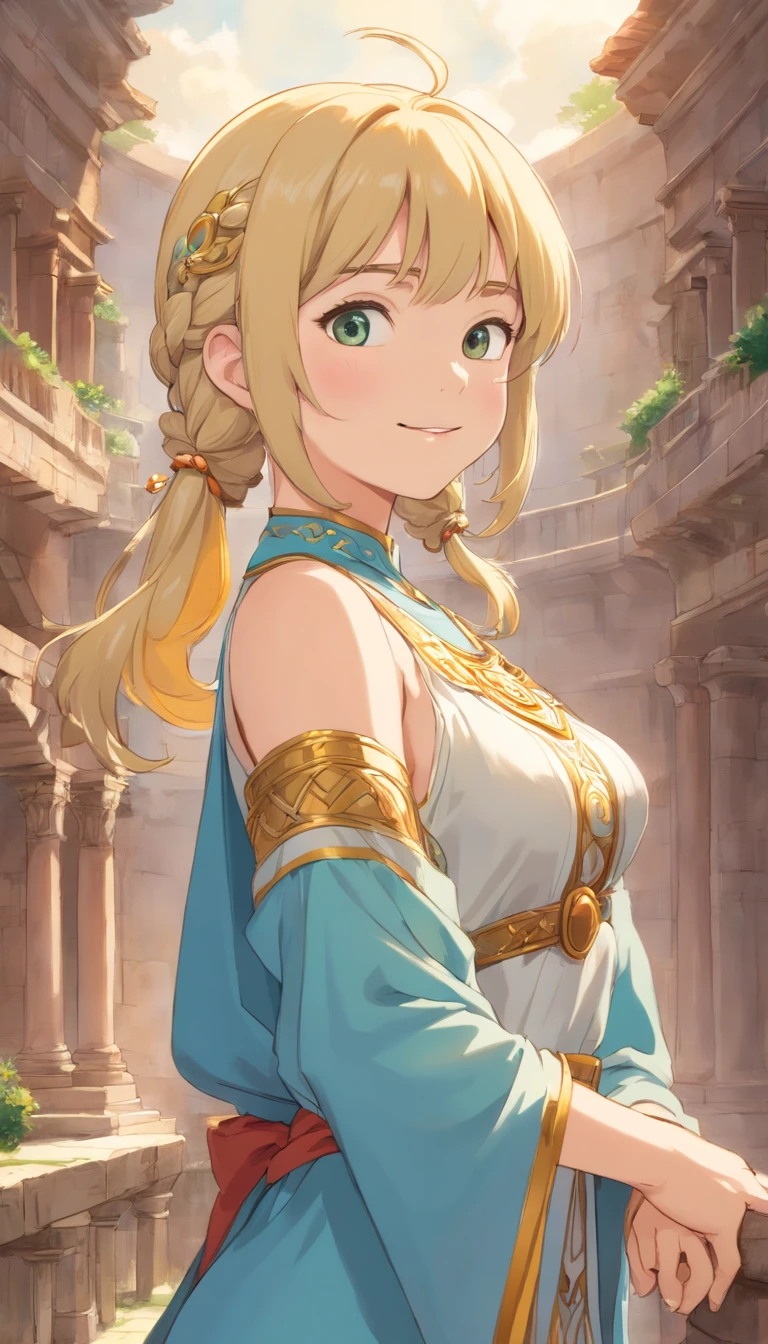 (best quality, 8K, Meisterwerk: 1.3), blonde greek goddesses, Griechische Kleidung, Mittelalter, mid large breasts, big hips, schmale Taille, beautiful, glamorous, verlockend, wohlgeformt, kurvig, lange Beine, Hohe Detailgenauigkeit, high sharpness, Fotos mit Tiefgang, detailliertes Gesicht, Detaillierte Augen, kurzes Haar, Large office, charming smile, in the ancient Roman Colosseum, episch, Mythos, Drama, Halsband-Schmuck, Armbandschmuck, Bluse mit offenem Brustkorb, nipple pocking
