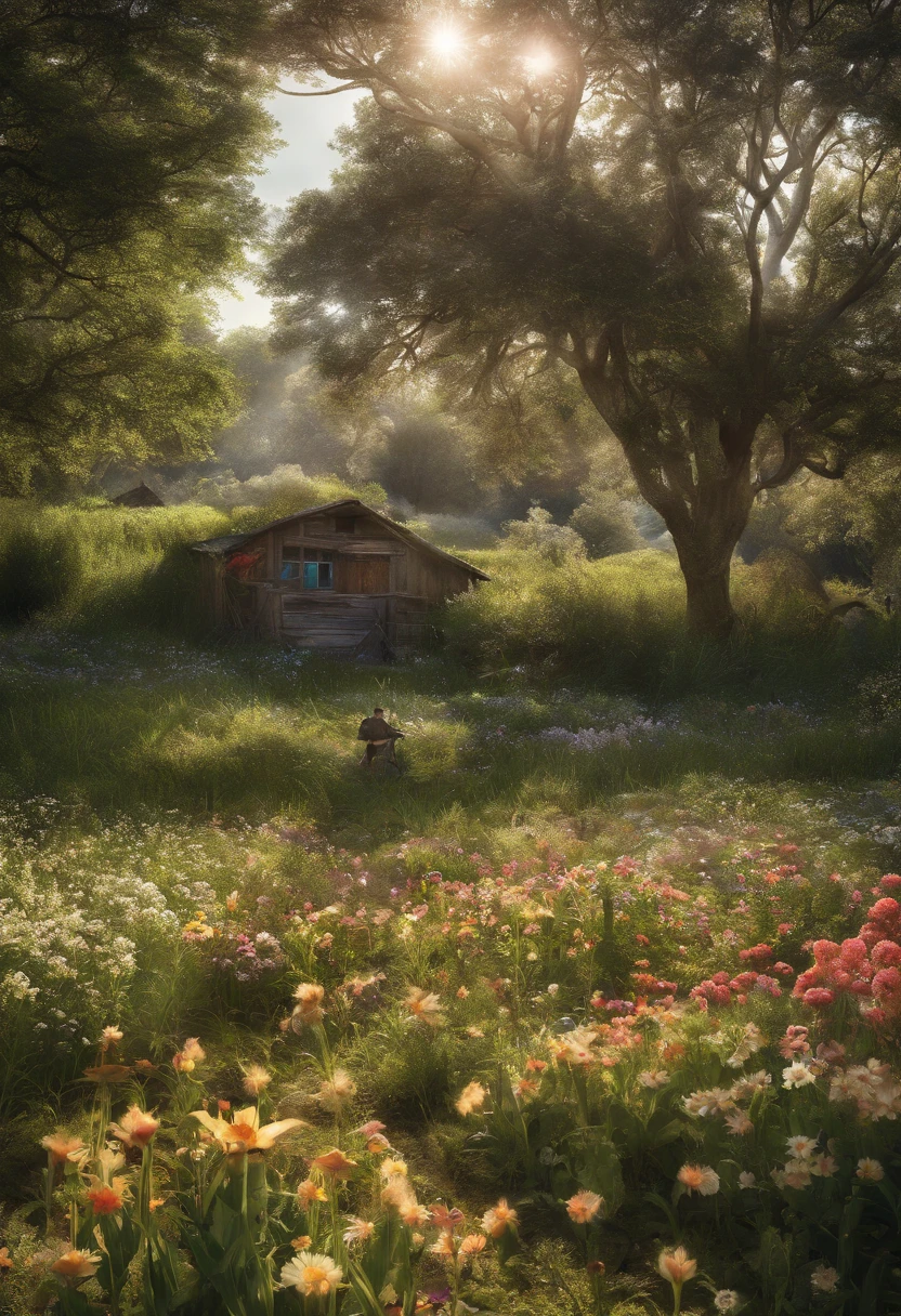 Crie uma paisagem realista de um campo de flores lindas com o sol radiante