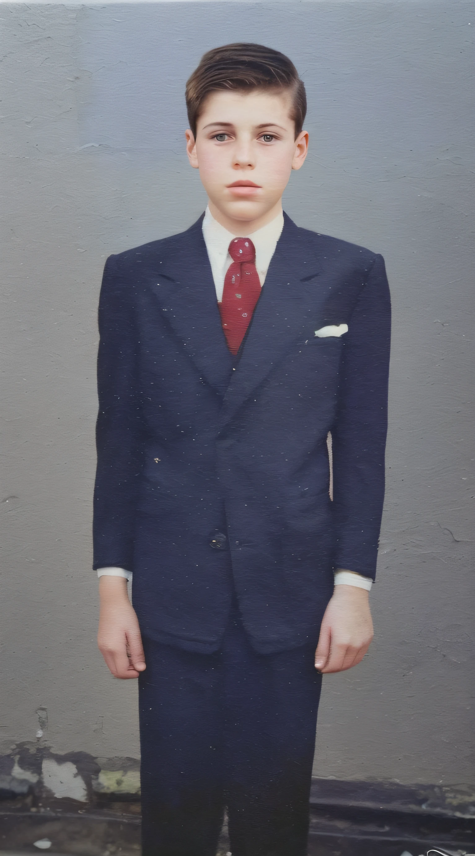 Painting of a boy in a suit and tie standing in front of a wall, around 1 9 years old, taken in the early 1990s, taken in the late 1980s, taken in the early 2020s, Foto 1 9 9 0 s, Lleva un traje, whole body photography, usar un traje desgastado