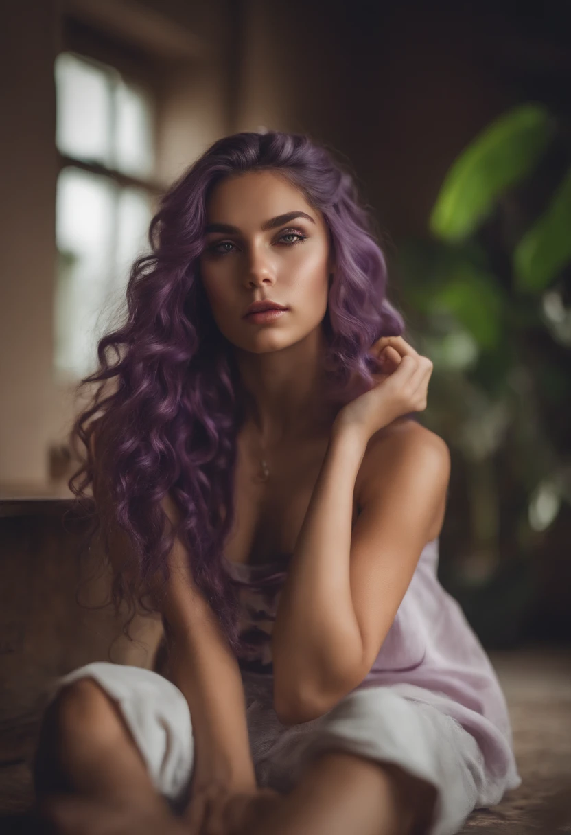 lonely girl, long braided hair, curly purple hair, light purple hair, beautiful bright red eyes, baggy t-shirt, sitting on the floor, at home, provocative face,