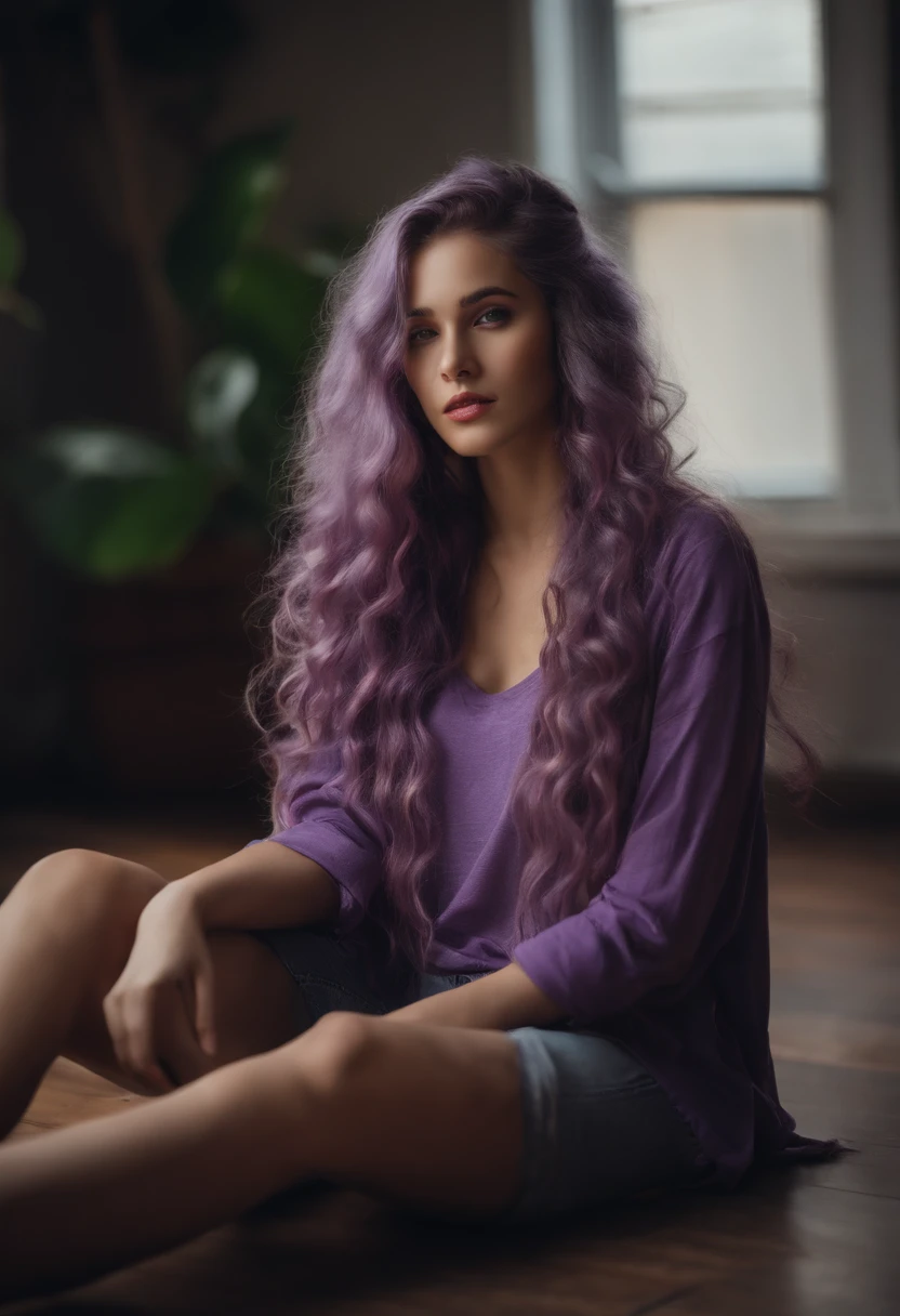 lonely girl, long braided hair, curly purple hair, light purple hair, beautiful bright red eyes, baggy t-shirt, sitting on the floor, at home, provocative face,