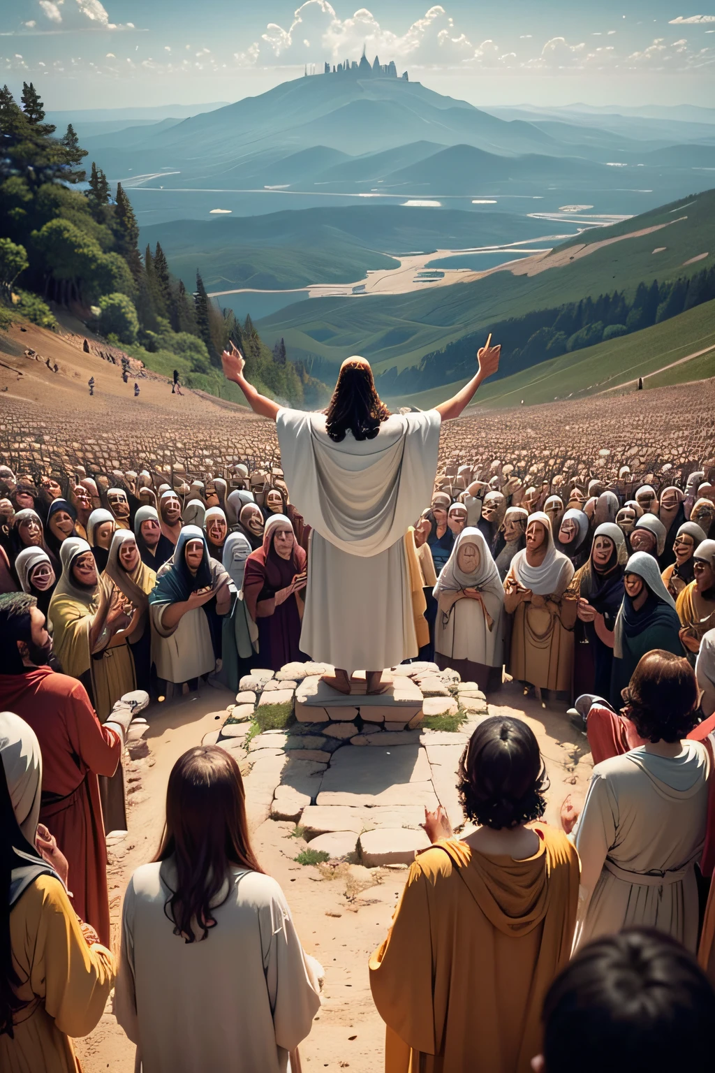 Contexto Anterior: An image of Jesus preaching the Sermon on the Mount, Maybe with a crowd of disciples or people around.