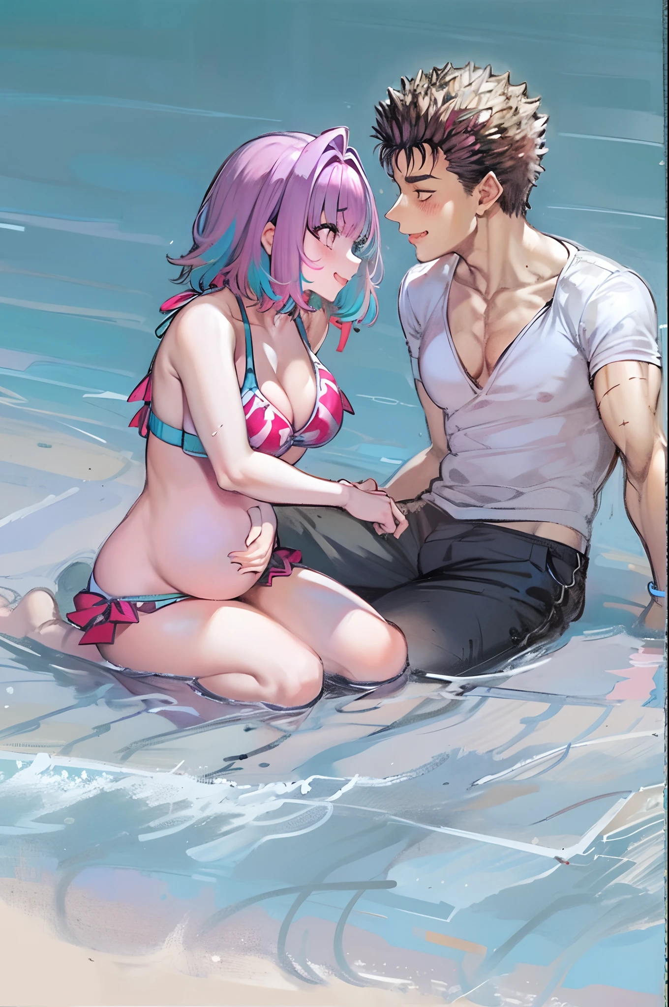 masterpiece, best quality, 1girl, riamu, blue shirt, pleated skirt, solo, simple background, bikini, beach, riamu and guts, husband and wife, couple happy in a beach, , purple hair,1boy, sitting in couple, affection, love,relationship, lovey dovey, happy, , smile, 2character, guts pants, kiss, kissing, guts pullover, riamu bikini, pregnant riamu