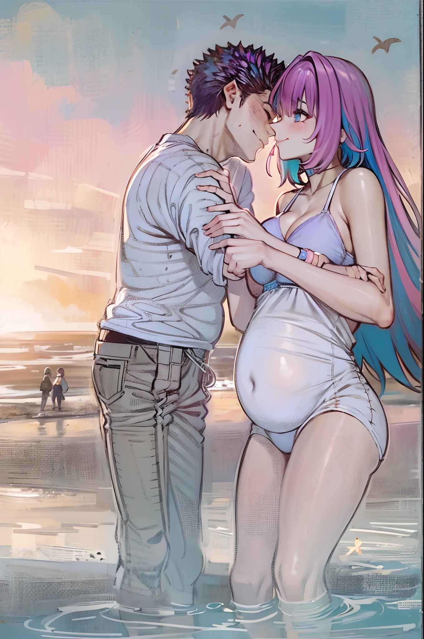 masterpiece, best quality, 1girl, riamu, blue shirt, pleated skirt, solo, simple background, bikini, beach, riamu and guts, husband and wife, couple happy in a beach, , purple hair,1boy, sitting in couple, affection, love,relationship, lovey dovey, happy, , smile, 2character, guts pants, kiss, kissing, guts pullover, riamu bikini, pregnant riamu