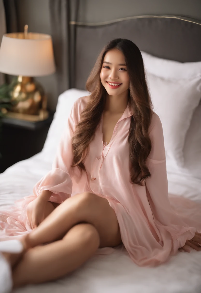 (highres:1.2) , 15 years old girl with long flowing hair, on hotel room accessories,crisp and vibrant colors,seemingly candid and natural pose,immersive and visually captivating setting,serene and dreamy ambiance,Landscape,portrait. glossy pink lips, Chinese teen an smiling eyes, small rounded eyes alluring huge happy smile, complete anatomy, full body