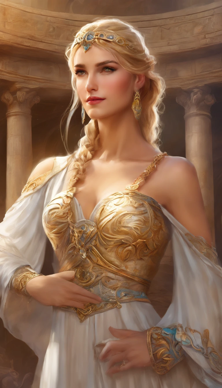 (best quality, 8K, Meisterwerk: 1.3), blonde greek goddesses, aphrodite, Griechische Kleidung, Mittelalter, mid large breasts,  beautiful, glamorous, verlockend, lange Beine, Hohe Detailgenauigkeit, high sharpness, Fotos mit Tiefgang, detailliertes Gesicht, Detaillierte Augen, kurzes Haar, Large office, charming smile, in the ancient Roman Colosseum, episch, Mythos, Drama, Halsband-Schmuck, Armbandschmuck, Bluse mit offenem Brustkorb, nipple pocking
