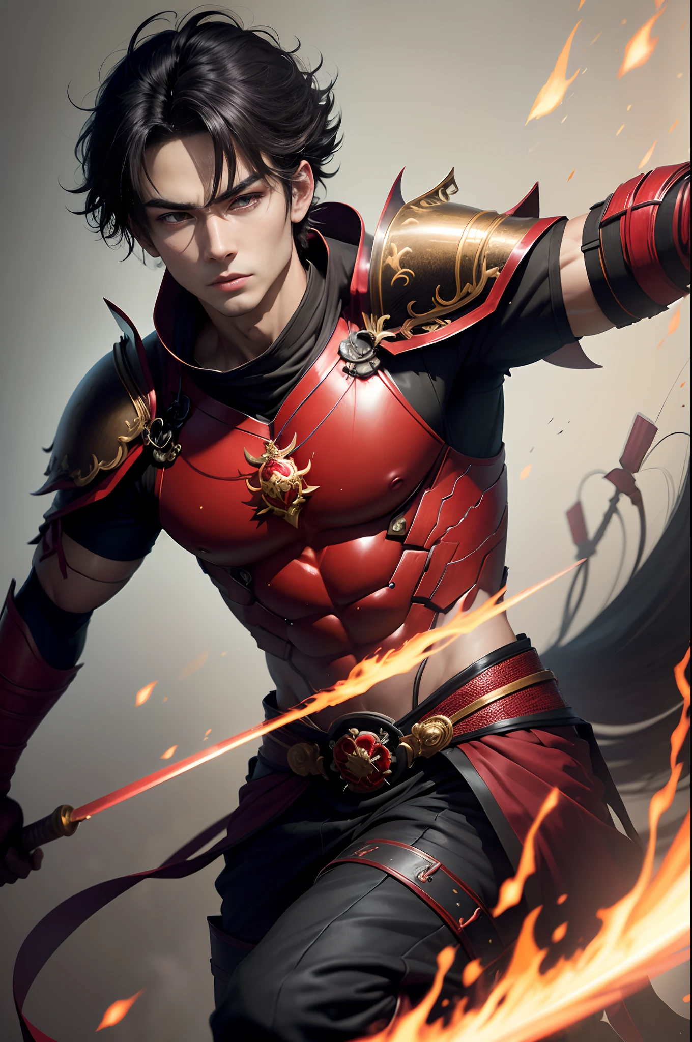 8K,Photorealsitic　Raw photography　top-quality;1.4) 　(One boy)　Super handsome　(Lifelike face)　Boy with Japan sword on his waist　Black and red samurai armor　Black and red trousers(Golden decoration)　Glowing red eyes glaring at you　超A high resolution　A hyper-realistic　real looking skin　enticing　Beautiful expression　Demon Hunter in Beast City　combat scene　Iai-slash　Red aura from the body(Red effect)