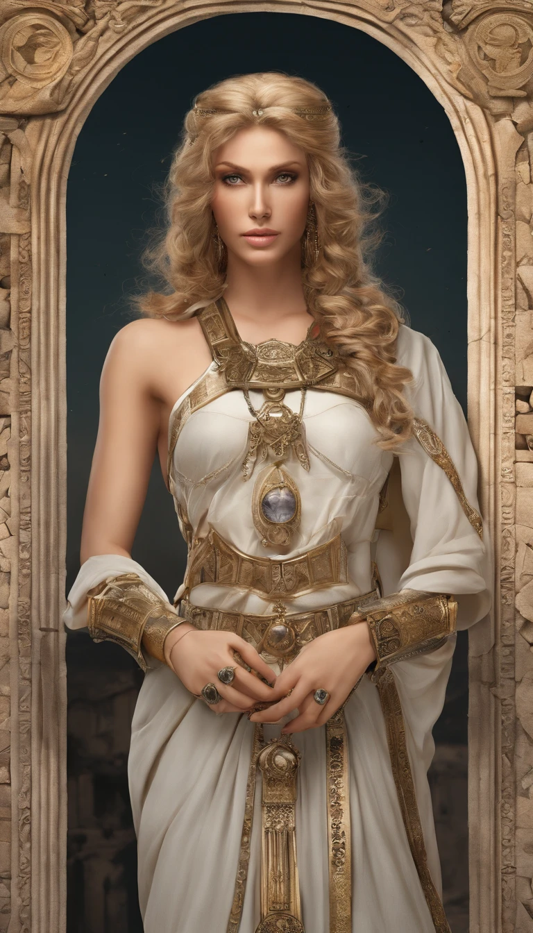 (best quality, 8K, Meisterwerk: 1.3), blonde greek goddesses, Griechische Kleidung, Mittelalter, mid large breasts, big hips, schmale Taille, beautiful, glamorous, verlockend, wohlgeformt, kurvig, lange Beine, Hohe Detailgenauigkeit, high sharpness, Fotos mit Tiefgang, detailliertes Gesicht, Detaillierte Augen, kurzes Haar, Large office, charming smile, in the ancient Roman Colosseum, episch, Mythos, Drama, Halsband-Schmuck, Armbandschmuck, Bluse mit offenem Brustkorb, nipple pocking