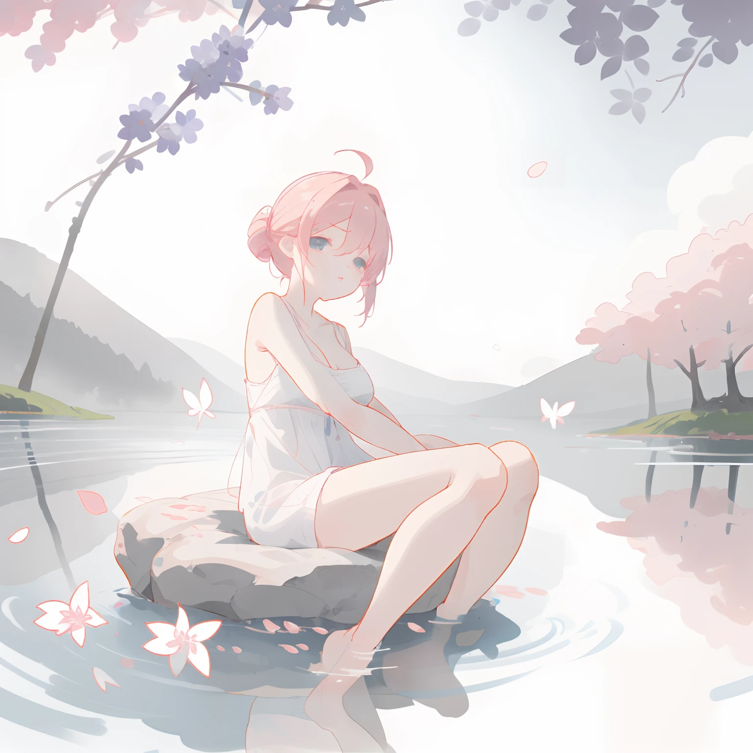 masterpiece, best quality, ultra-detailed, illustration, 1girl, solo,((sitting in the shallow water, surrounded by pink sakura petals floating on the water)), butterfly, wisteria, electricity, blue sky, cloudy sky,(large breasts), ((eye focus)), expressionless, critical angle, bokeh, depth of field, ((eye focus)), light glowing particles, arms behind back,
