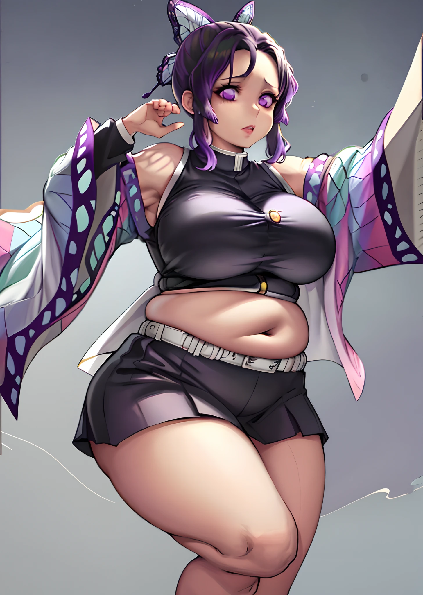 art by kipteitei, 1girl, solo, kochou shinobu, butterfly hair ornament, purple eyes, multicolored hair, short hair, parted bangs, haori, wide sleeves, long sleeves, black short skirt, black jacket, white underwear, belt, massive breasts, massive belly, massive thighs, chubby (best quality, masterpiece)