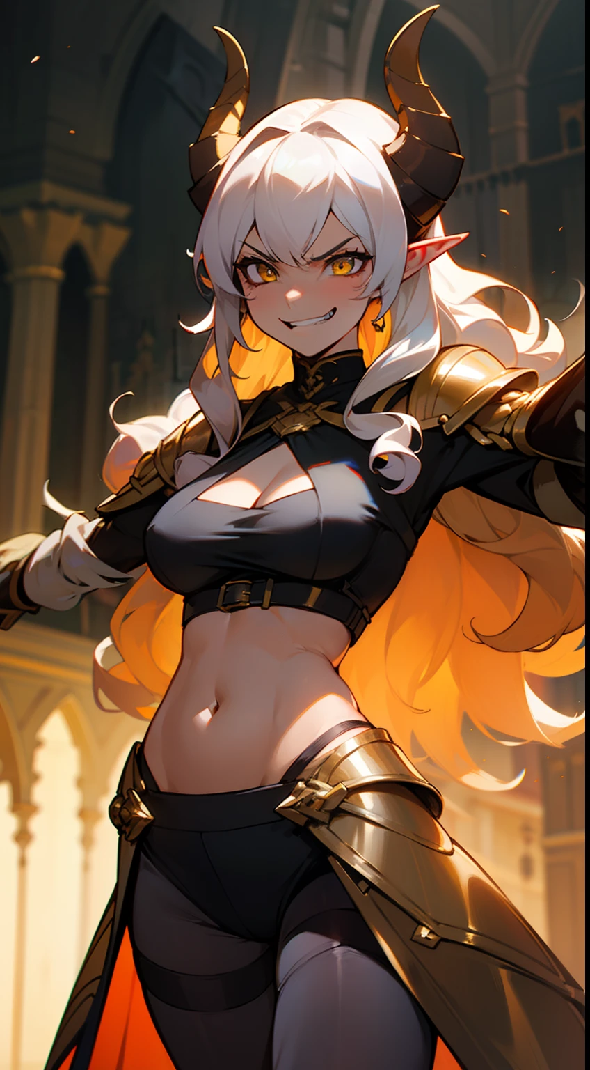 girl,brown skin, hidden arms,long hair, white hair,curly hair,yellow eyes,(((villain,psycho,villain smile, psychopath, angry))), medium boobs,show belly,,gold armor outfit, white small shirt,long black stockings, detailed clothes, masterpiece, hyper realistic, high definition,black horns,black pantyhose,elves ears, (((standing inside of a castle)))