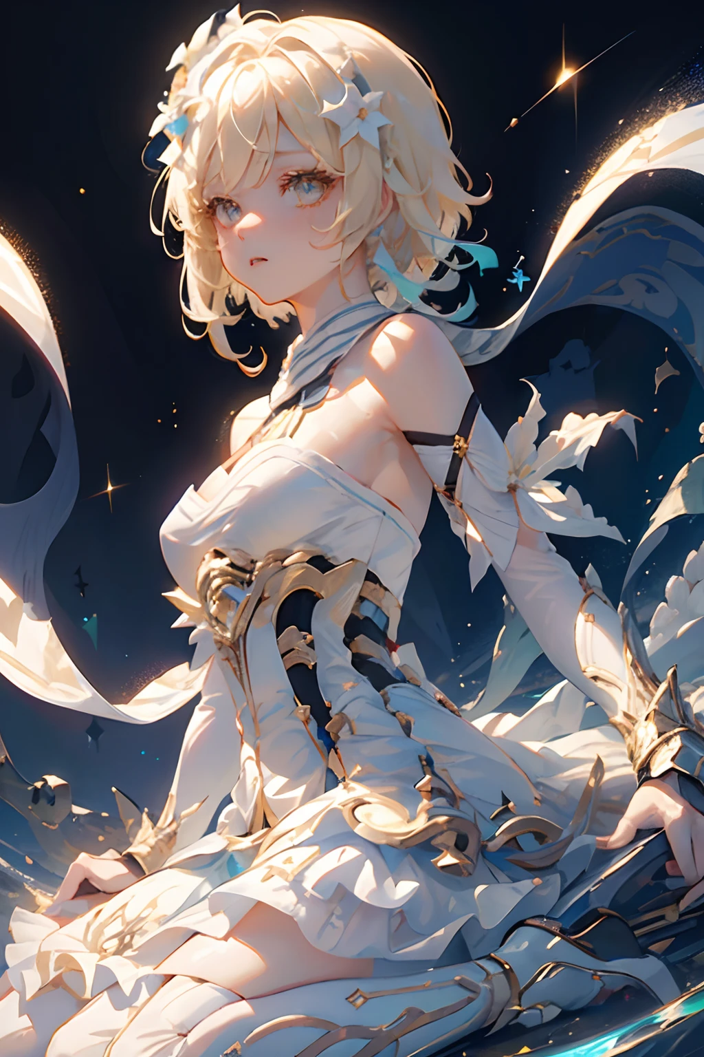 1 girl solo, short blond hair, white flower hair ornament, white dress, bare shoulders, detached sleeves, long white stockings, fingerless gloves, iridescent light, glowing rainbow crystals, sparkles, stars, floating in space, dark background with stars and galaxies, ((portrait closeup face))