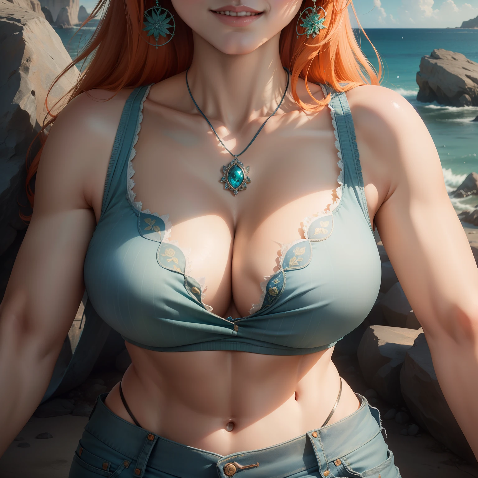 巨作, ((extremely detailed background, delicate pattern, complex details)), (A highly detailed, delicate details), Best Quality, beautiful lighting, ((large breast, slim girl)), Sleep at 3, ((Green tank top, denim shorts)), Bavarian uniform, cleavage, 1girl, orange hair, 独奏, long hair, jewelry, Brown eyes, smile, earrings, Blue tattoo, (complex detailed background, wasteland, rocks, ocean, Osted, Nature of the environment), (cowboy shot), Late last.