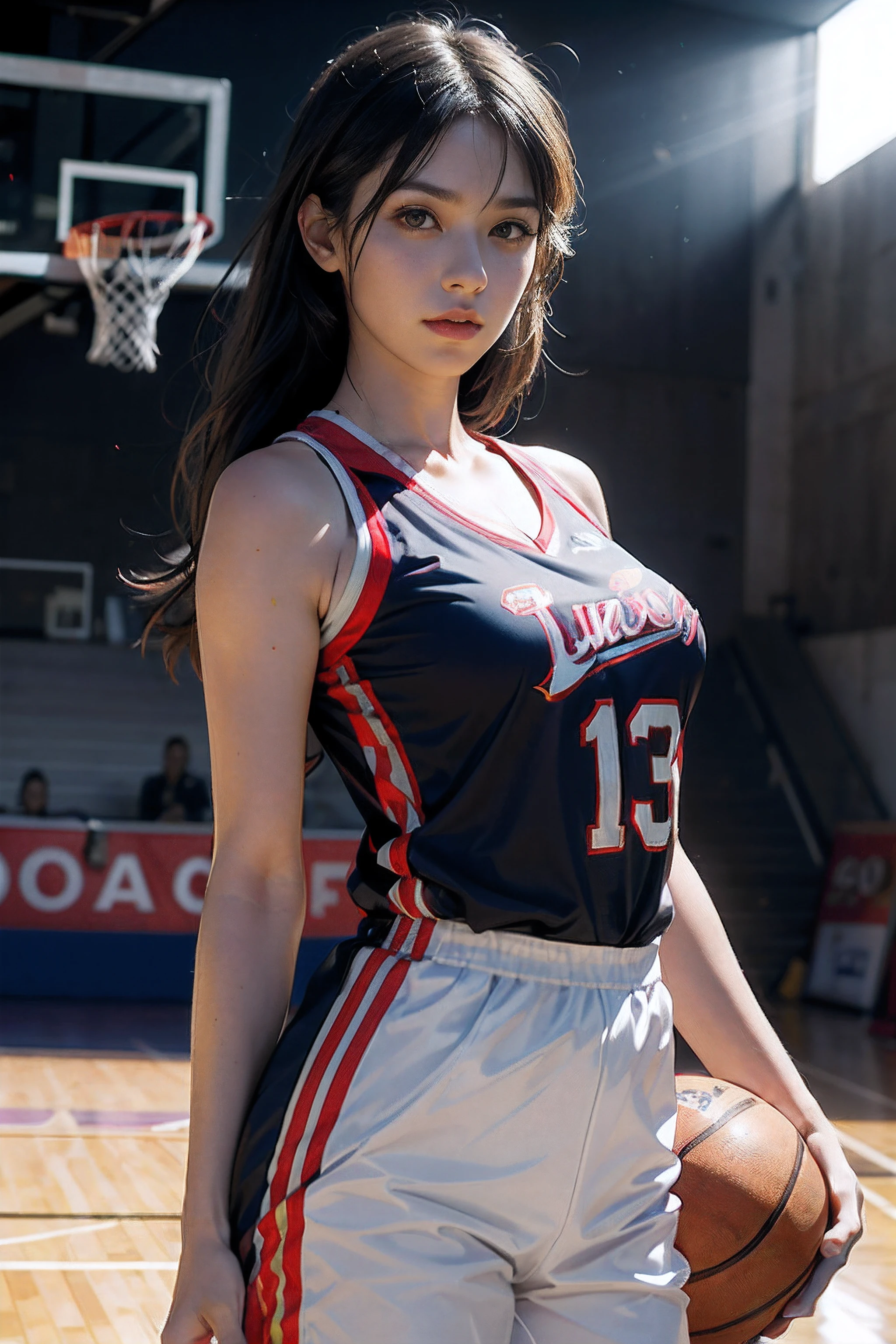 8k, Best Quality, Masterpiece: 1.2), (Realistic, Photorealistic: 1.37), Super Detailed, Best Quality, Super High Resolution, Professional Lighting, Photon Mapping, Radiosity, Physically Based Rendering, Cinematic Lighting , basketball court, depth of field, focus, sun rays, good composition, (bokeh: 1.2), 1 girl, (whole body), (closed mouth), beautiful eyes, pose, constriction, basketball uniform, black hair , messy hair, long hair blowing in the wind,(ulzzang-6500:1.2) mix4, hiqcgbody, large breasts, a littel sexy outfits