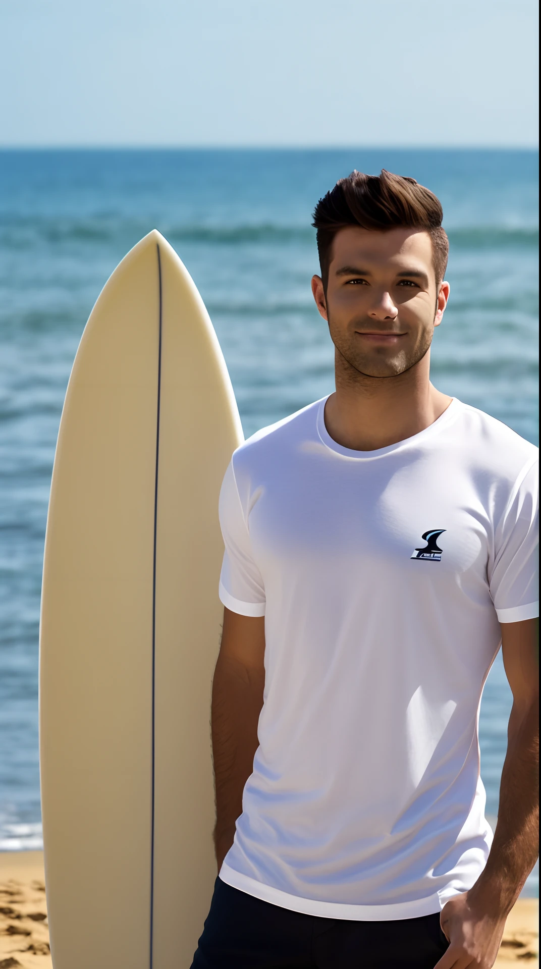 Man in a white t-shirt, full-body shot facing the camera, with the sea in the background, and a surfboard in hand --auto --s2