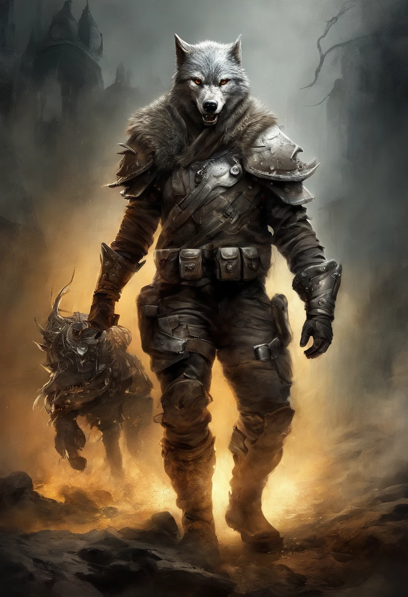 maximum quality, Dramatic lighting, menacing pose, fierce expression, epic atmosphere, (((wolf head shaped helmet))), (((full body shot))),a wolf made out of metal, cyborg, cyberpunk style, clockwork, ((intricate details)), hdr, ((intricate details, hyperdetailed)), incandescent lamps, cinematic shot, vignette, bokeh effect beckground, (canines), (full body shot).
