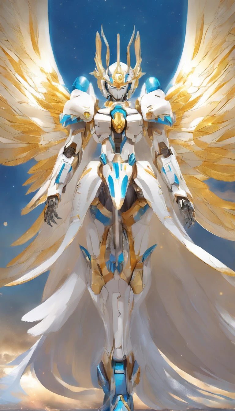Arafat model of a white-and-blue robot with wings, Mech Wings, Gundam Wings Armor, Armor angle with wing, Gundam, Weitwinkel-Engelsschuss, Size, white, glowing wings, Hoher Engel Fernschuss, GUNPLA, Super breiter Engel, Nahaufnahme Winkel, Wingspan, with wings. Ultra-detailliert, huge feathered wings, Gundam has the shape of a windmill, Hatsune Miku, absurd lange Haare, Big hair, blaues Haar, twintails, Hasenohr Haarschmuck