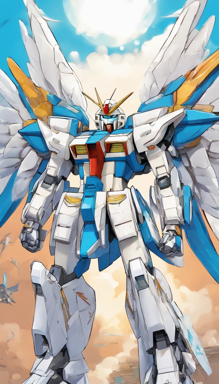 Arafat model of a white-and-blue robot with wings, Mech Wings, Gundam Wings Armor, Armor angle with wing, Gundam, Weitwinkel-Engelsschuss, Size, white, glowing wings, Hoher Engel Fernschuss, GUNPLA, Super breiter Engel, Nahaufnahme Winkel, Wingspan, with wings. Ultra-detailliert, huge feathered wings, Gundam has the shape of a windmill, Hatsune Miku, absurd lange Haare, Big hair, blaues Haar, twintails, Hasenohr Haarschmuck