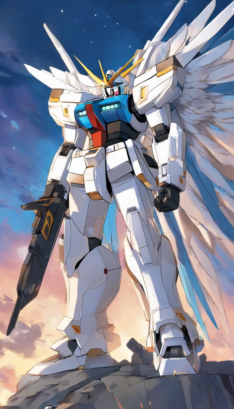 Arafat model of a white-and-blue robot with wings, Mech Wings, Gundam Wings Armor, Armor angle with wing, Gundam, Weitwinkel-Engelsschuss, Size, white, glowing wings, Hoher Engel Fernschuss, GUNPLA, Super breiter Engel, Nahaufnahme Winkel, Wingspan, with wings. Ultra-detailliert, huge feathered wings, Gundam has the shape of a windmill, Hatsune Miku, absurd lange Haare, Big hair, blaues Haar, twintails, Hasenohr Haarschmuck