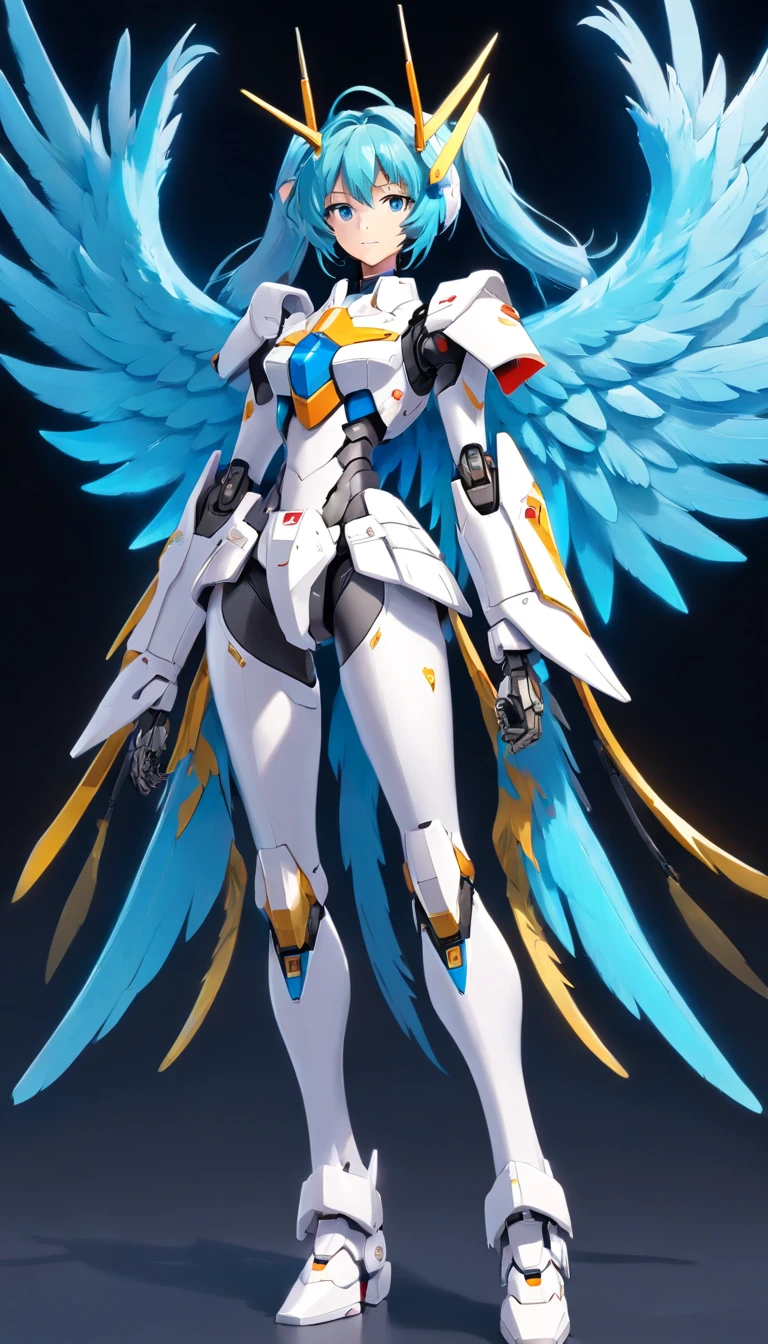 Arafat model of a white-and-blue robot with wings, Mech Wings, Gundam Wings Armor, Armor angle with wing, Gundam, Weitwinkel-Engelsschuss, Size, white, glowing wings, Hoher Engel Fernschuss, GUNPLA, Super breiter Engel, Nahaufnahme Winkel, Wingspan, with wings. Ultra-detailliert, huge feathered wings, Gundam has the shape of a windmill, Hatsune Miku, absurd lange Haare, Big hair, blaues Haar, twintails, Hasenohr Haarschmuck